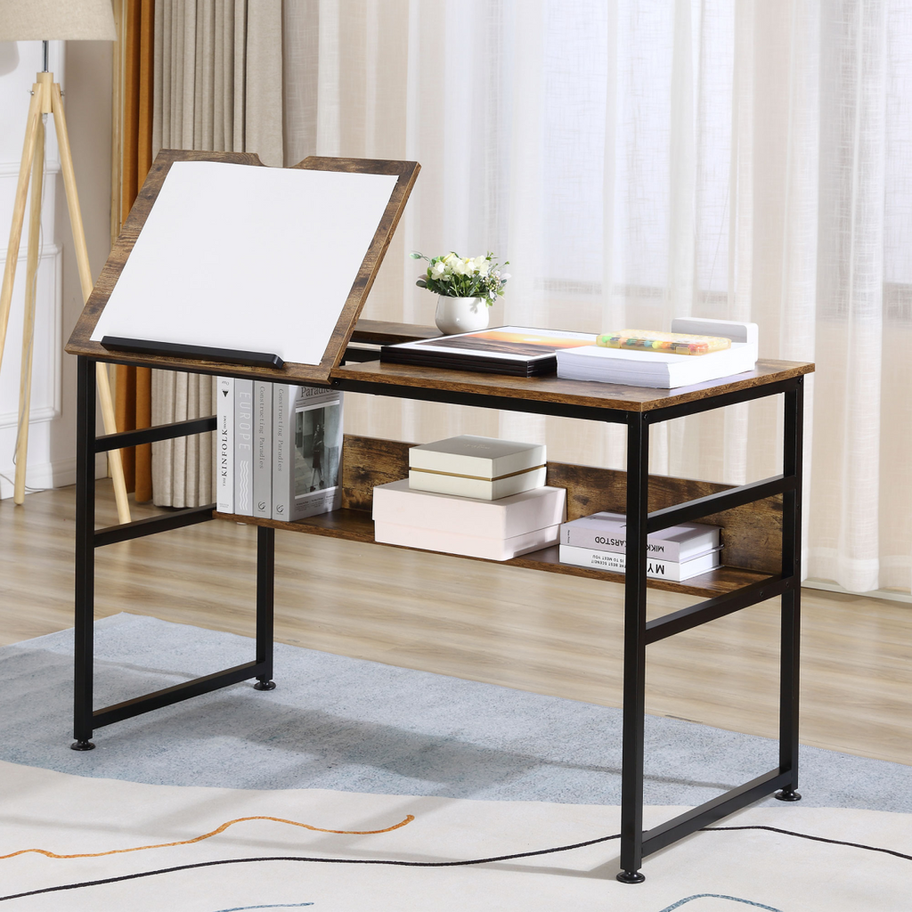Tiltable Drafting Table Home Office Computer Desk  Shelf, Rustic Brown