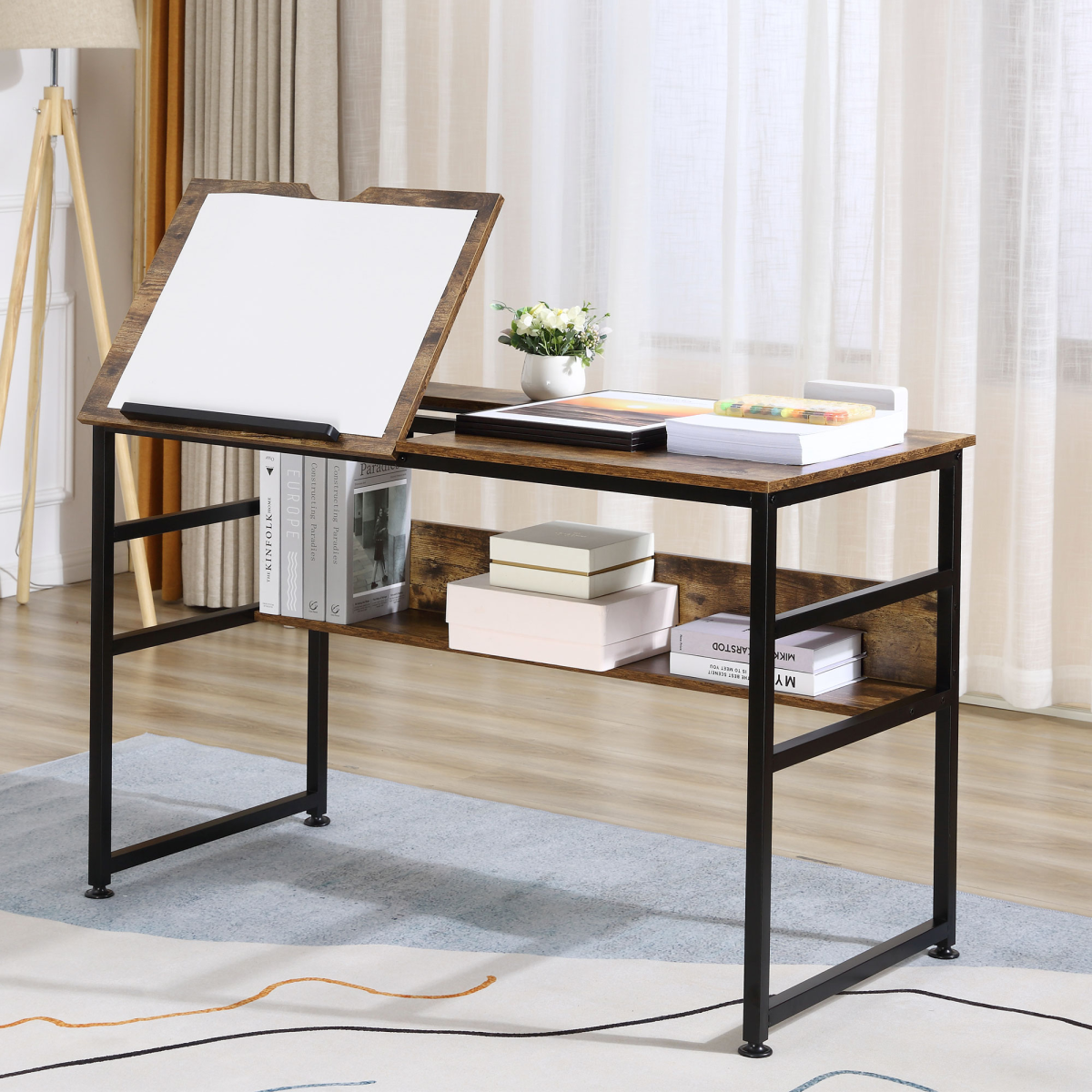 Tiltable Drafting Table Home Office Computer Desk  Shelf, Rustic Brown