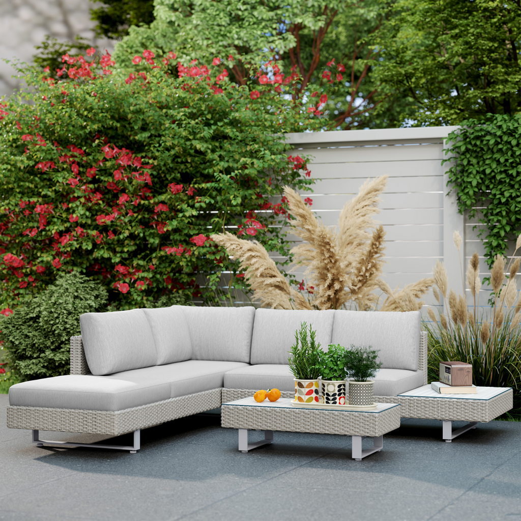 3pc Rattan Sofa Set Lounge Furniture Tea Table, Side Table & Cushioned Grey
