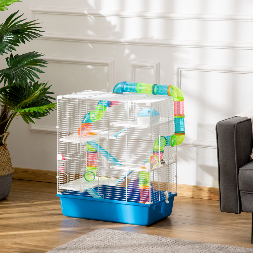 Five-Level Hamster Cage w/ Tubes, Water Bottle, Exercise Wheel, Ramps - Blue