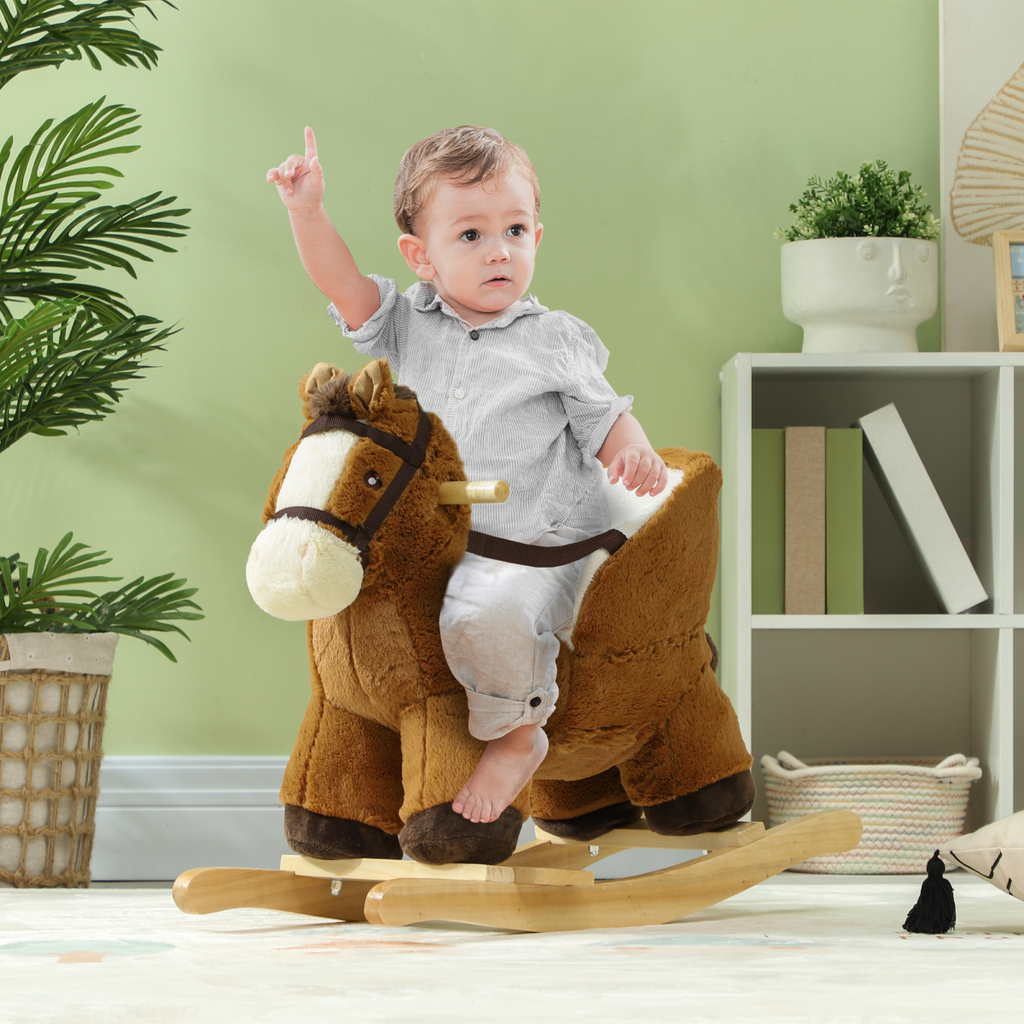 AIYAPLAY Kids Rocking Horse with Sound, Safety Belt - Brown
