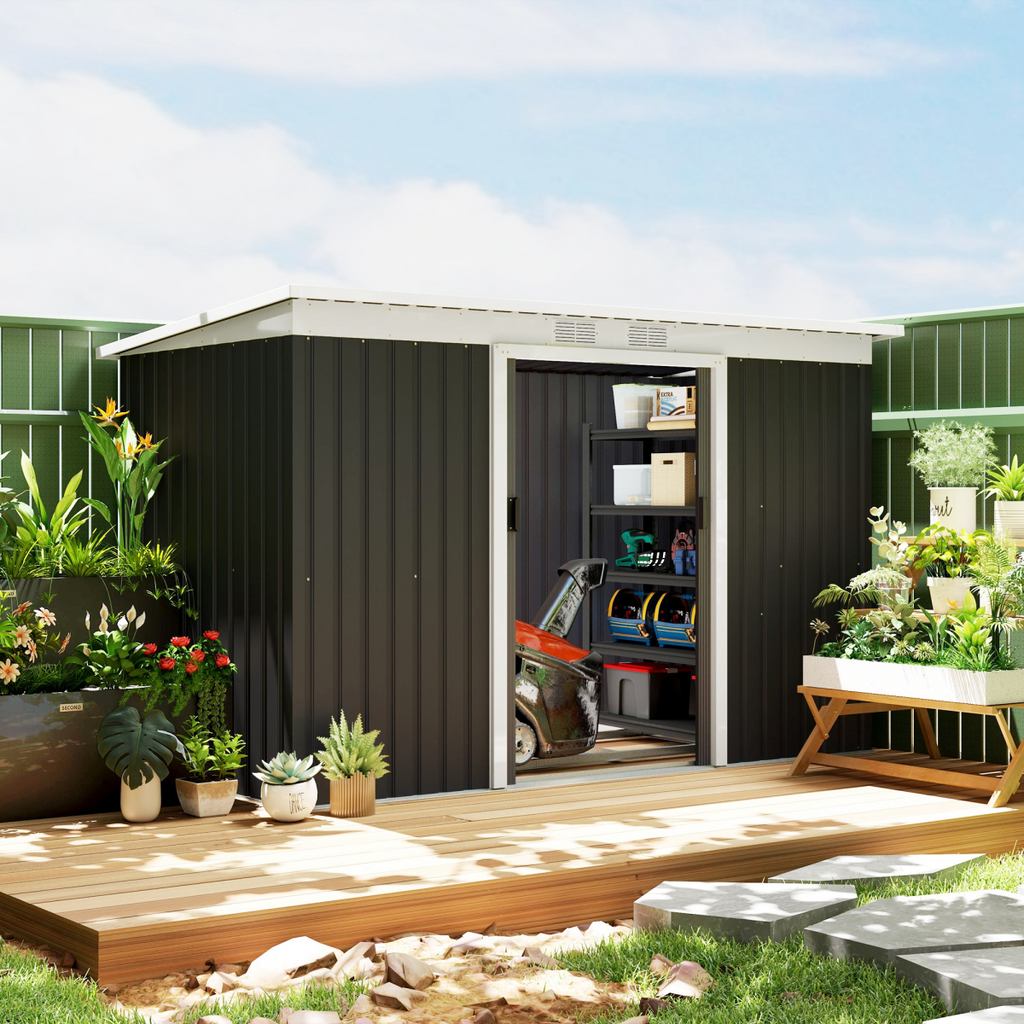 Outsunny 9 x 4FT Outdoor Garden Storage Shed w/ 2 Door Galvanised Metal Grey