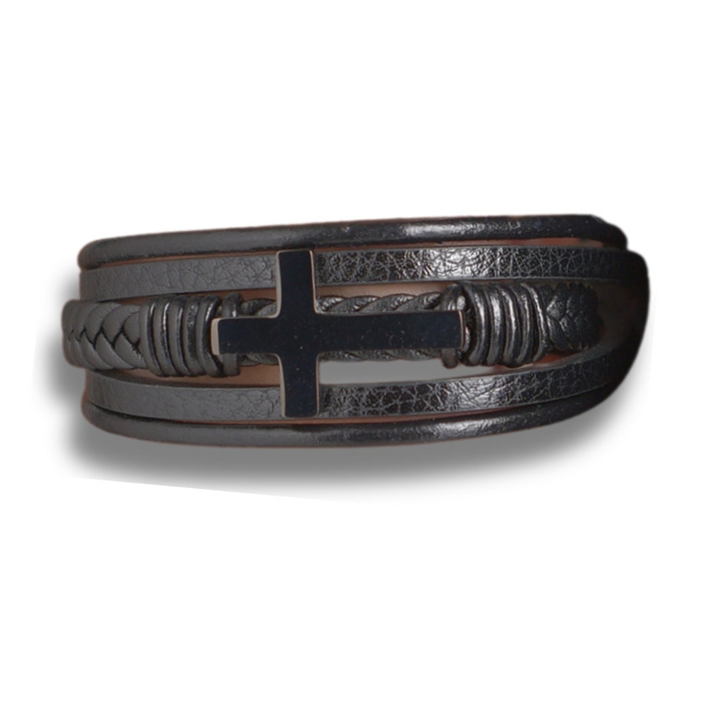 Men's Black Leather Cross Bracelet
