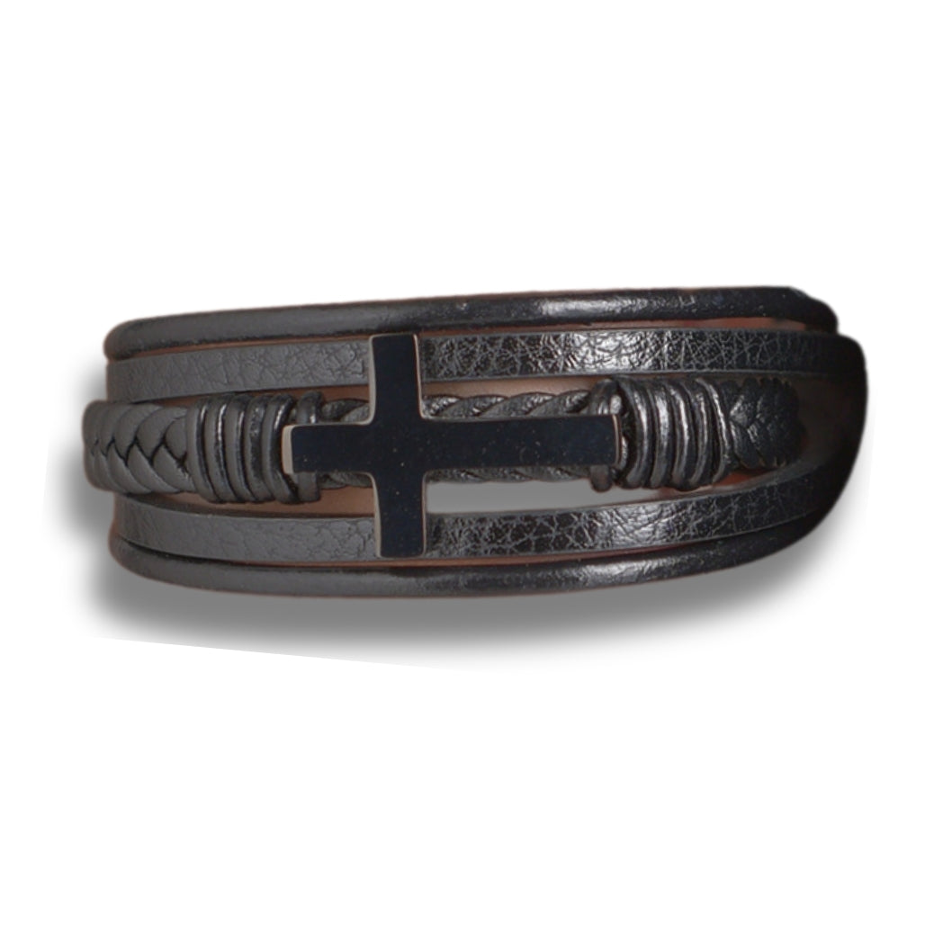 Men's Black Leather Cross Bracelet