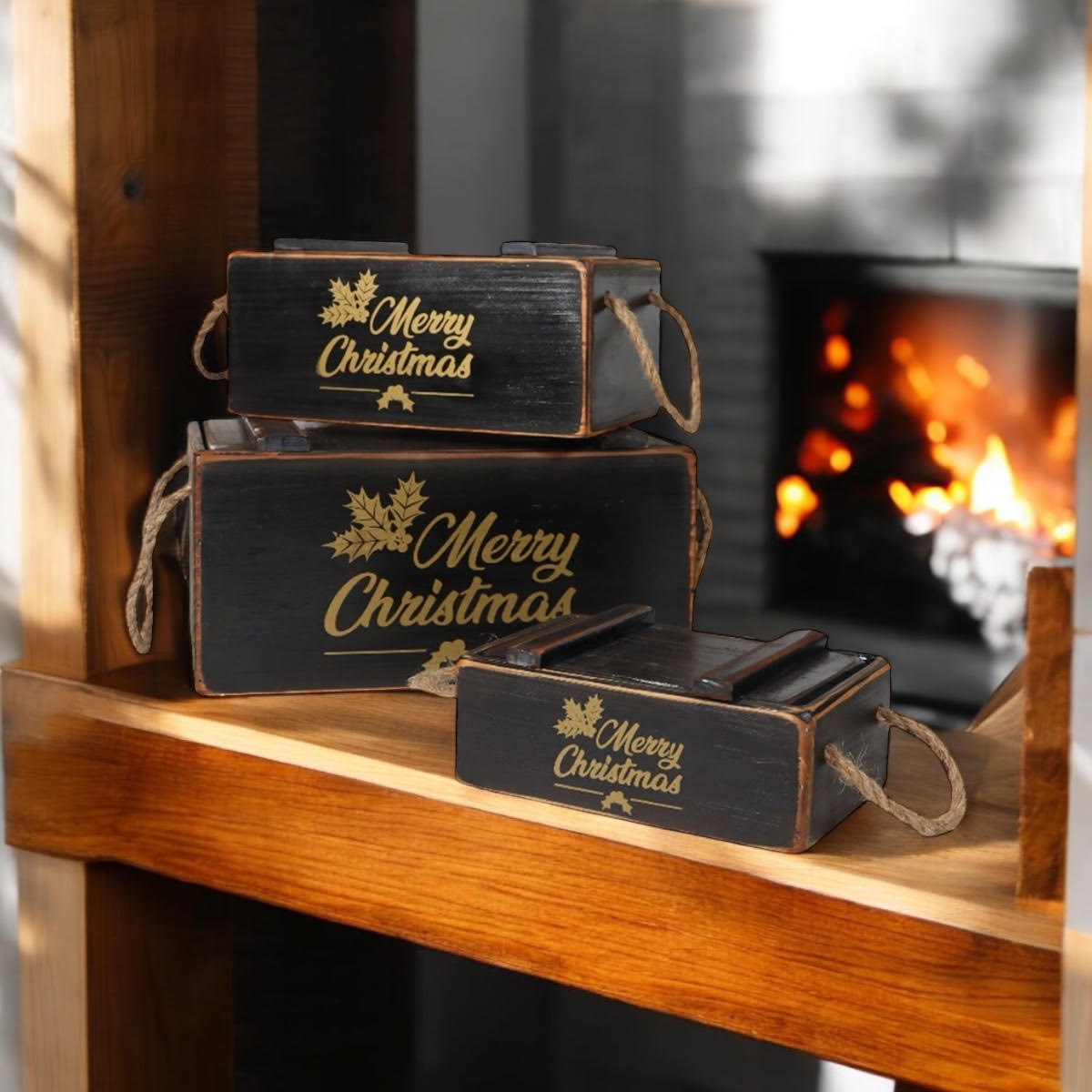 AcaciaHome Stylish and Vintage Wooden Merry Christmas Storage Crate Set (Black)