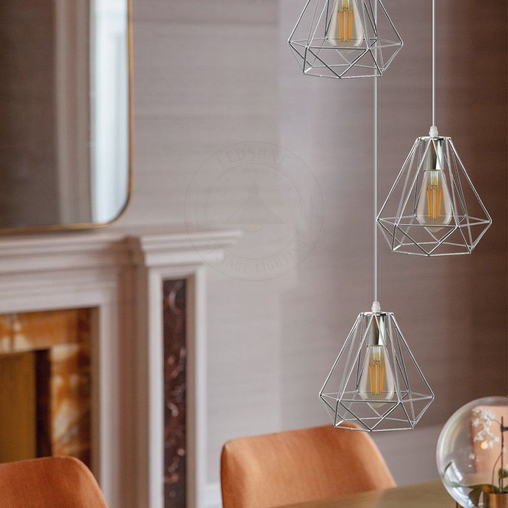 3 Head Round Base Chrome Vintage Metal 20cm Diamond Wire Cage E27 Base Ceiling
