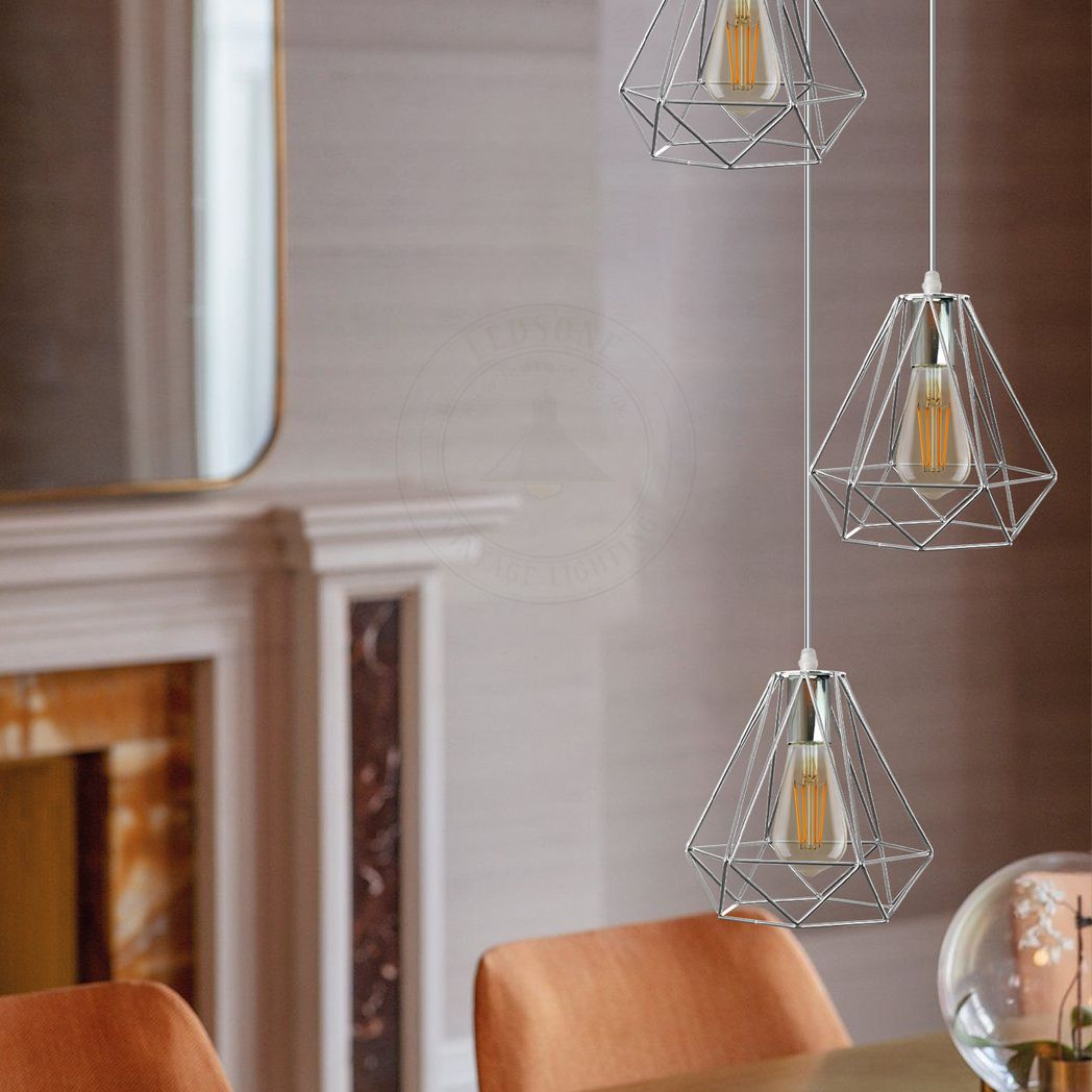 3 Head Round Base Chrome Vintage Metal 20cm Diamond Wire Cage E27 Base Ceiling
