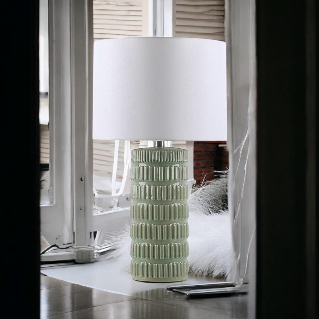 Cream Ceramic Table Lamp with Drum Shade (Floral Vase - 63cm Shade)