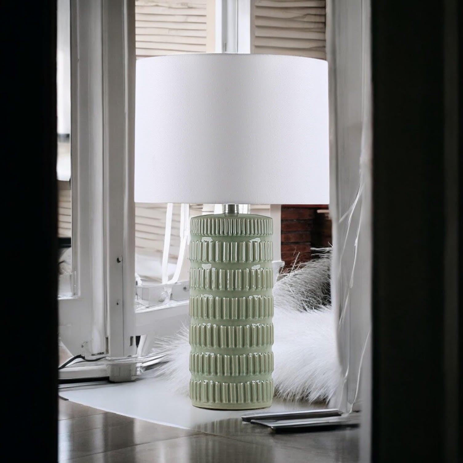 Cream Ceramic Table Lamp with Drum Shade (Floral Vase - 63cm Shade)