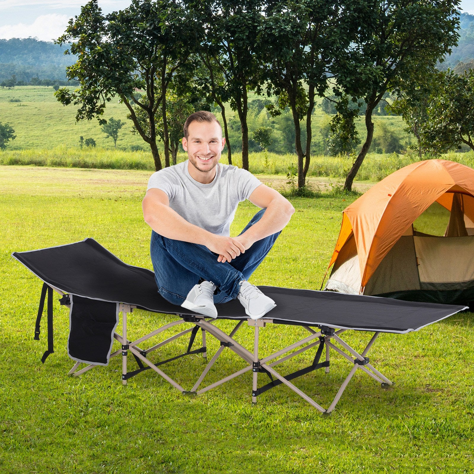 Single Portable Outdoor Military Sleeping Bed Camping Cot Black Outsunny