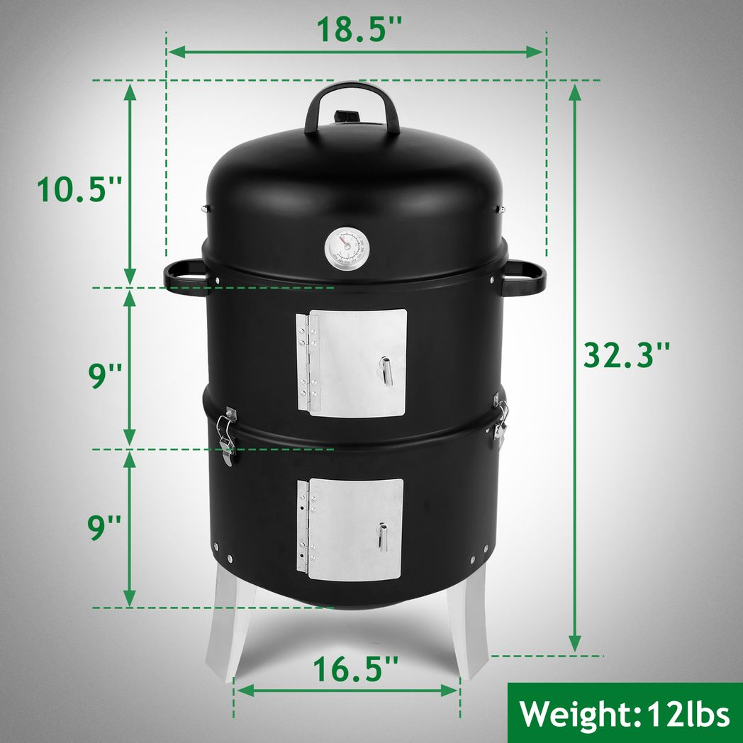 Vertical Steel Charcoal Smoker, Heavy Duty Double Layer Round BBQ Grill