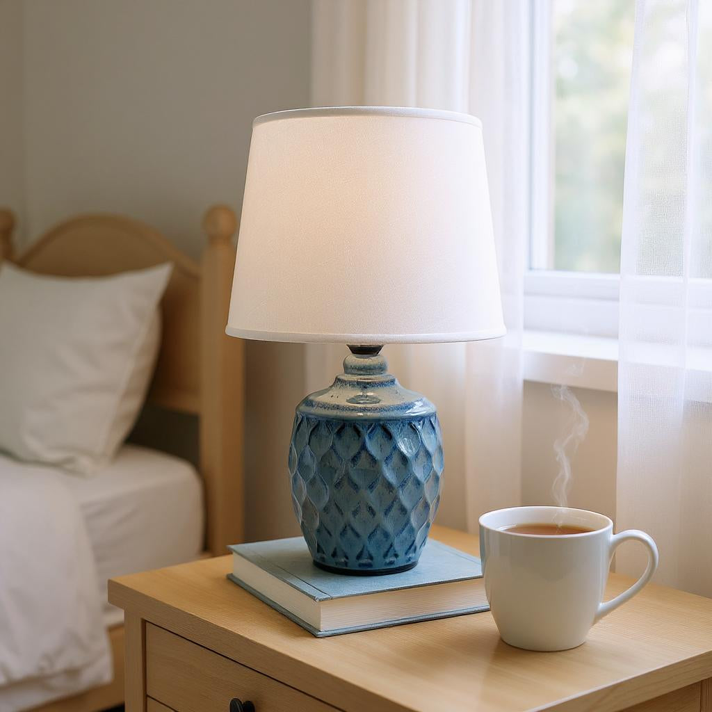 AcaciaHome Sophisticated and Durable 40cm Blue Ceramic Table Lamp with White Drum