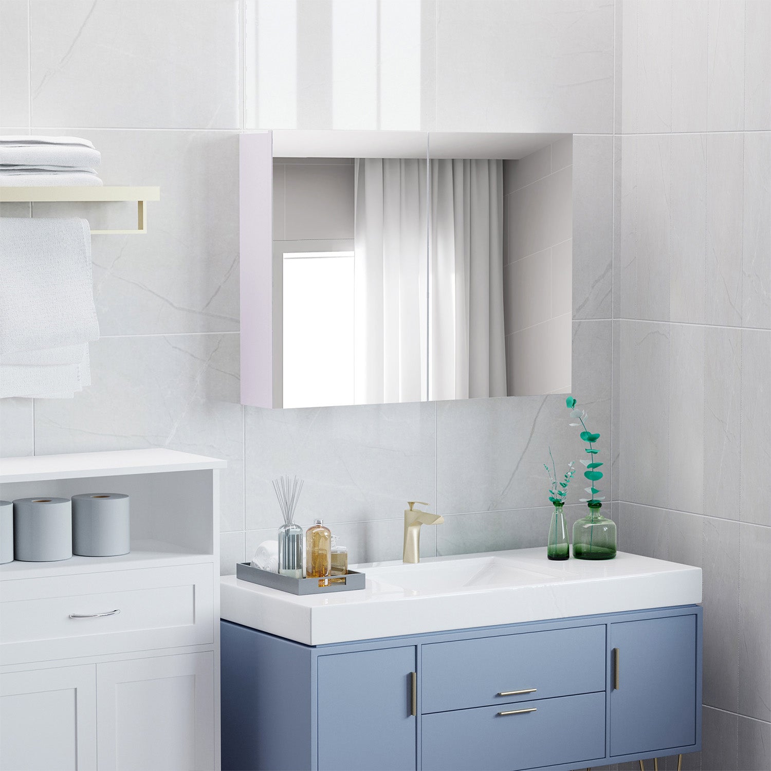 Mirror Cabinet Double Door Wall Mounted Modern Storage Unit Bathroom