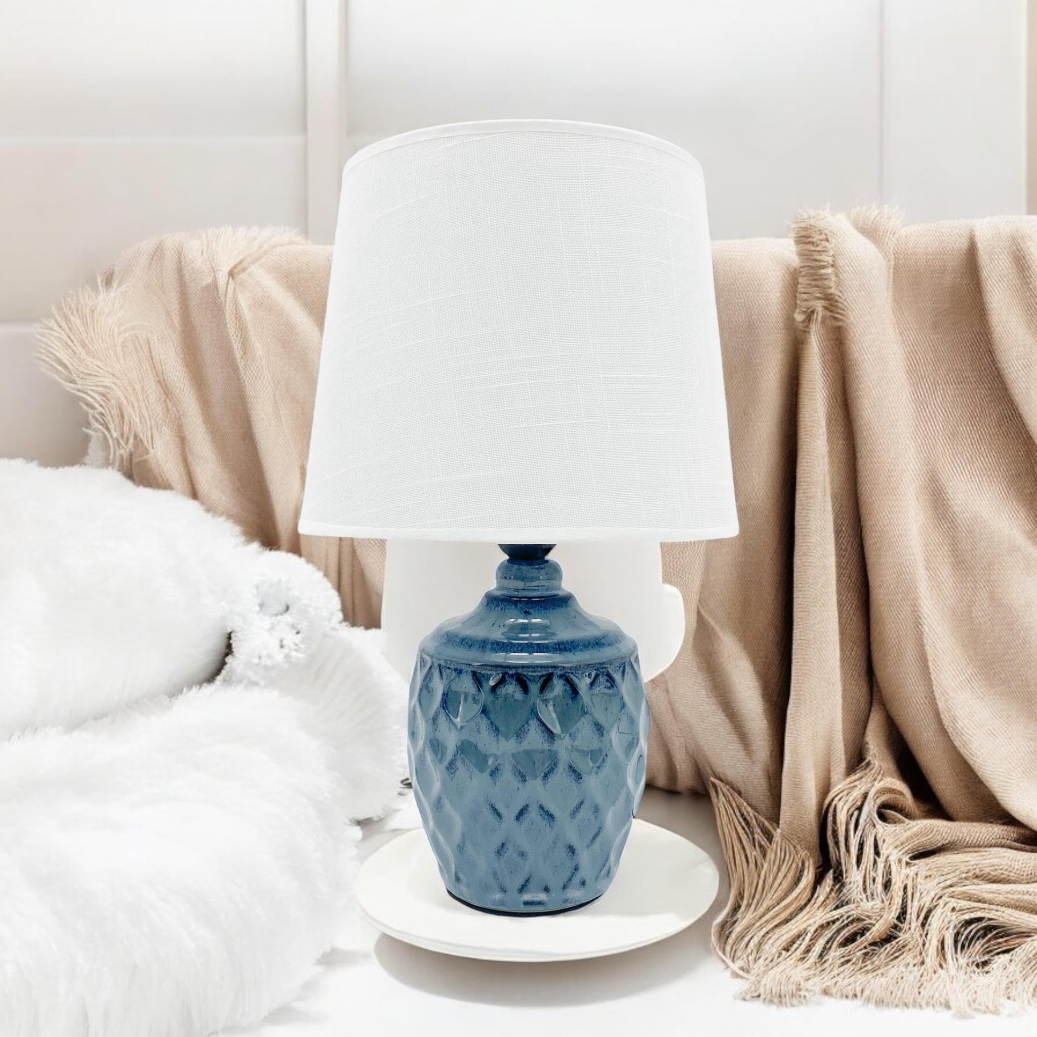AcaciaHome Sophisticated and Durable 40cm Blue Ceramic Table Lamp with White Drum