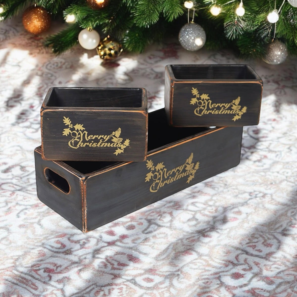 AcaciaHome Stylish and Vintage Wooden Merry Christmas Storage Crate Set (Light Black)