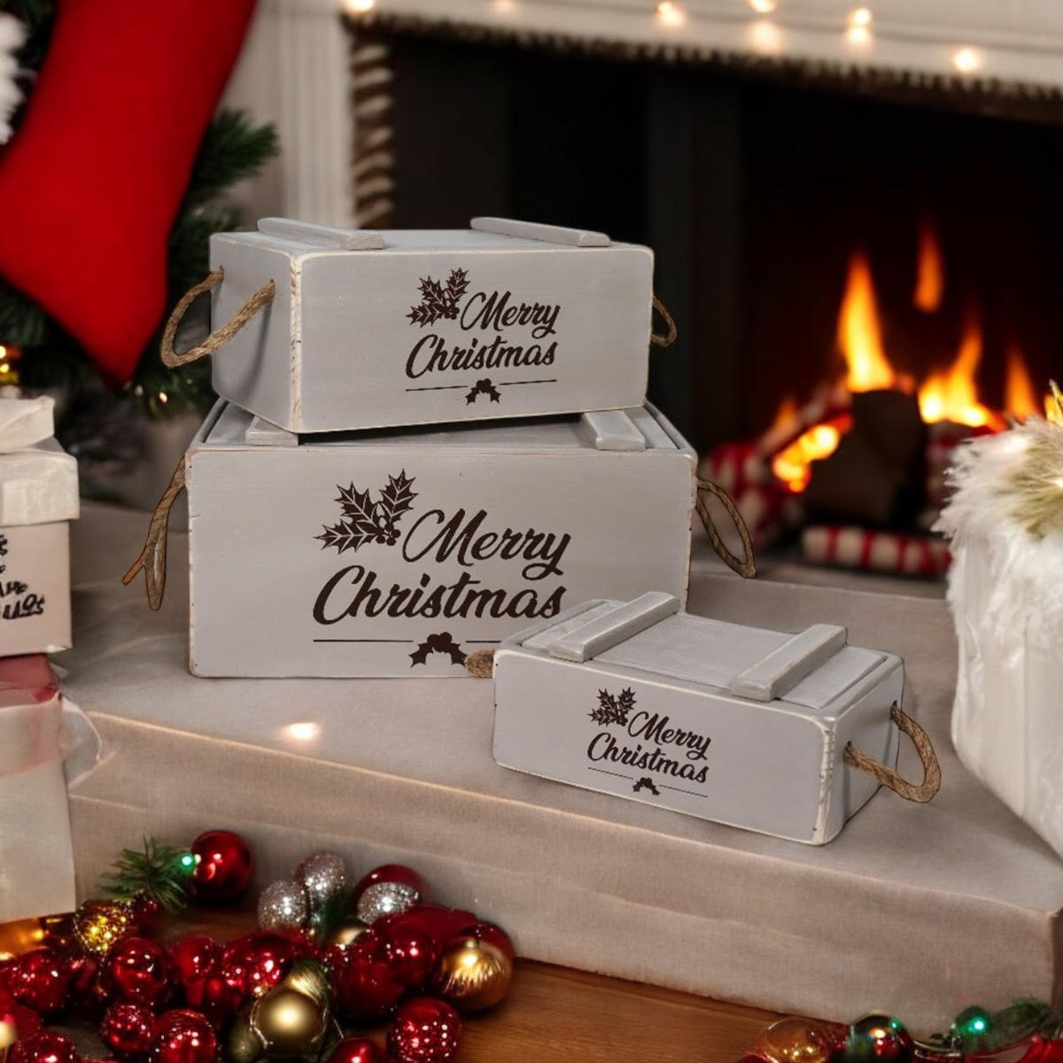 AcaciaHome Stylish and Vintage Wooden Merry Christmas Storage Crate Set (Light Grey)