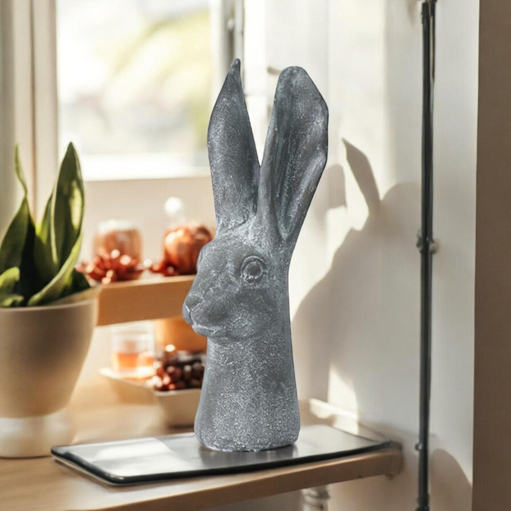 Elegant 29cm Stone-Effect Hare Head Sculpture (Grey)