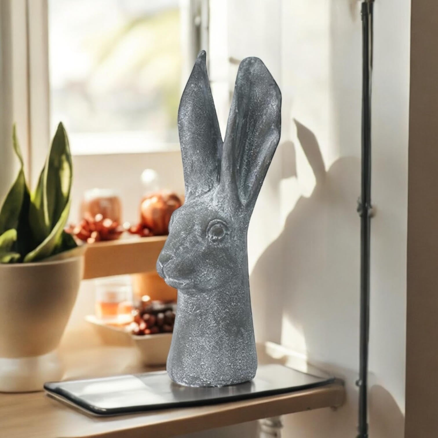 Elegant 29cm Stone-Effect Hare Head Sculpture (Grey)
