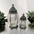 Elegant 44cm Tall Green Metal Tealight Lantern Holders Set of 2