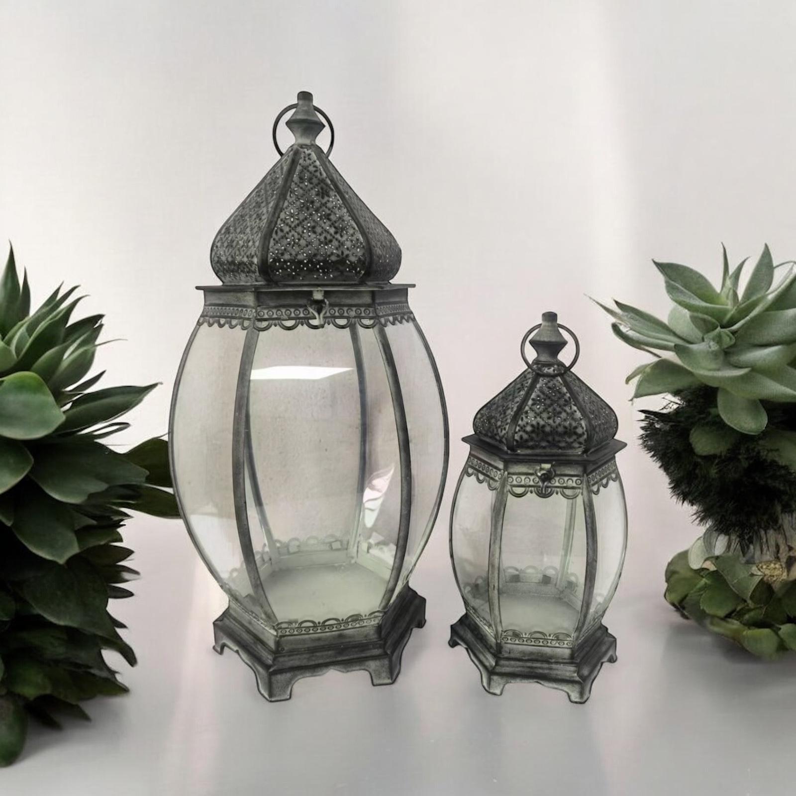 Elegant 44cm Tall Green Metal Tealight Lantern Holders Set of 2