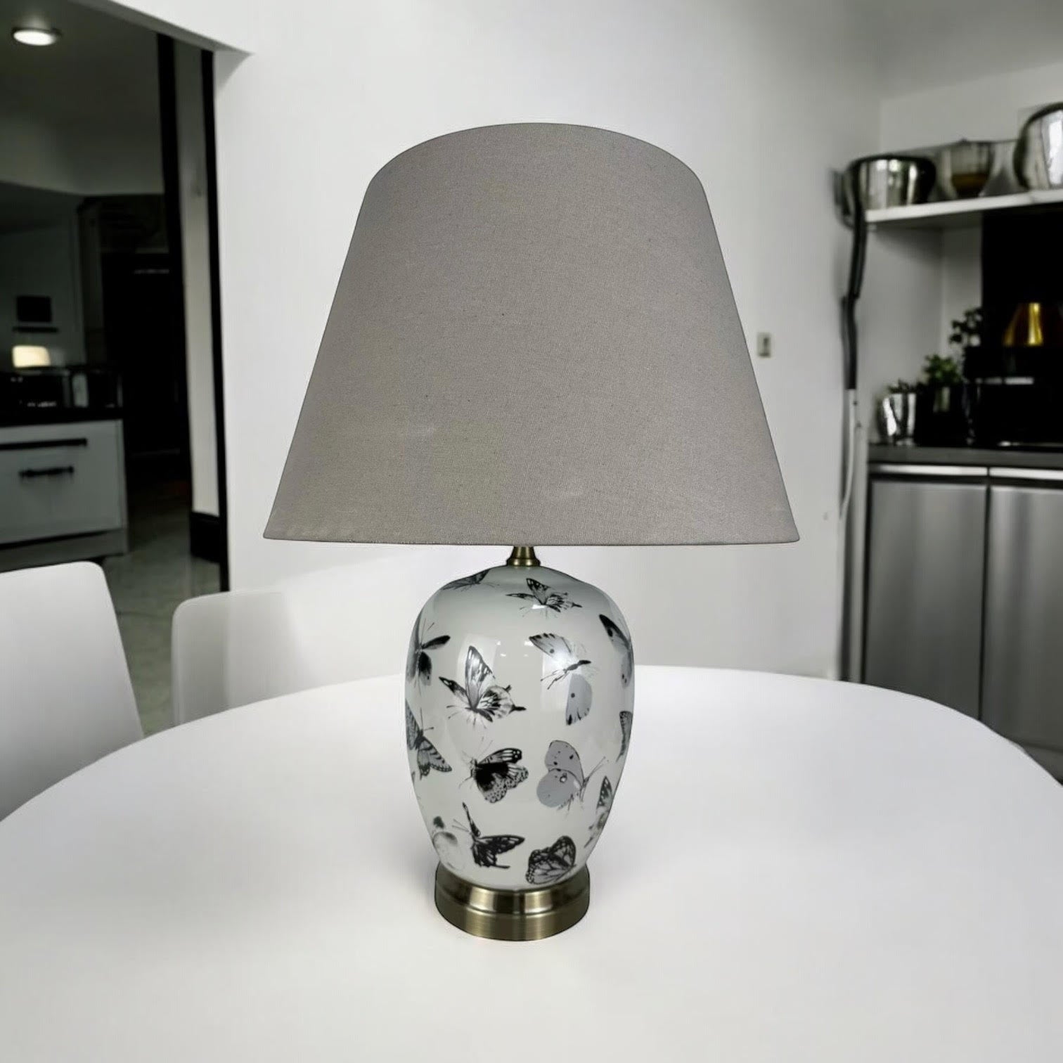 Oriental Design Large Floral Ceramic Table Lamp with Drum Shade (50cm Black White Butterfly)