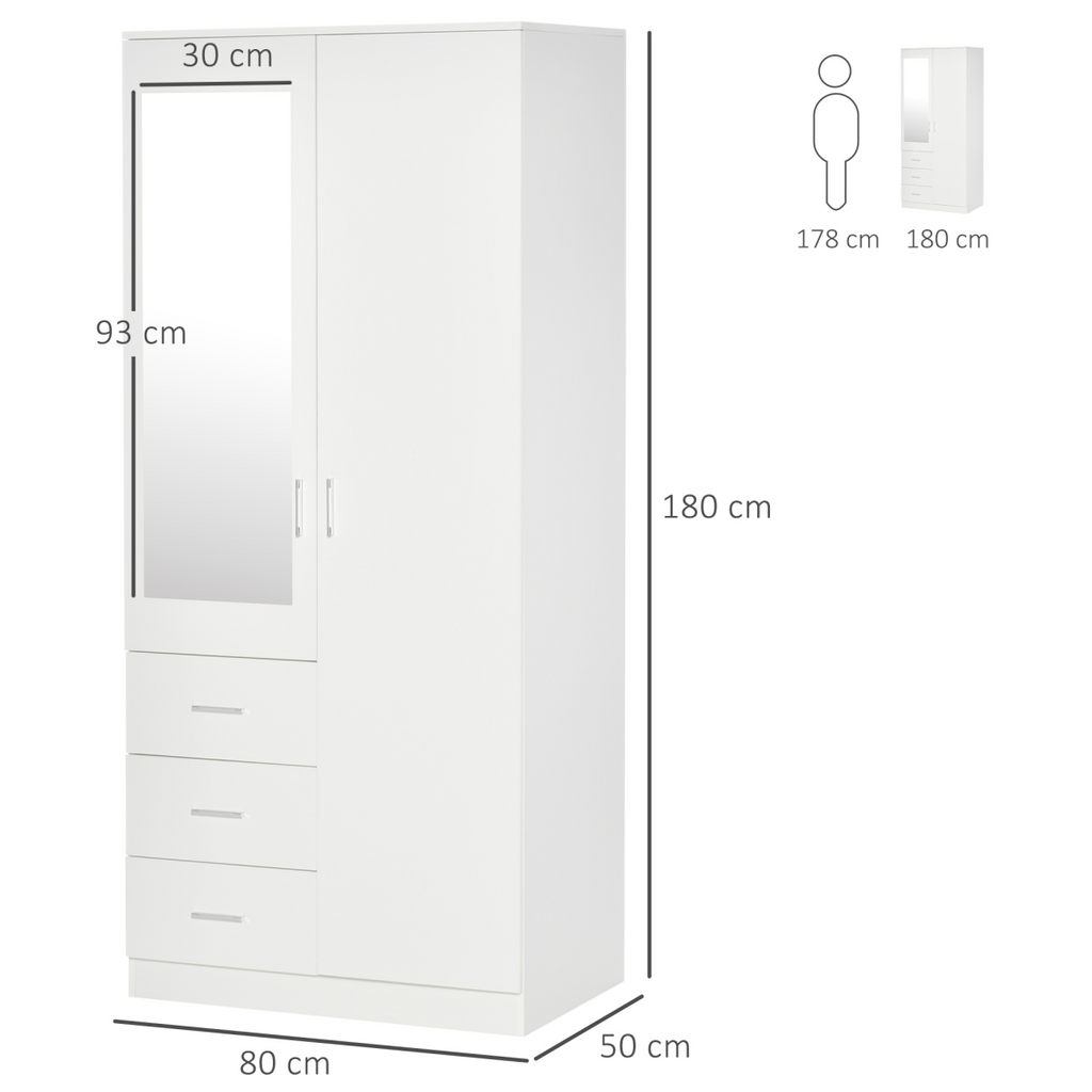 2-Door Wardrobe w/ Adjustable Shelf 3 Drawers for Bedroom, 180cm, White