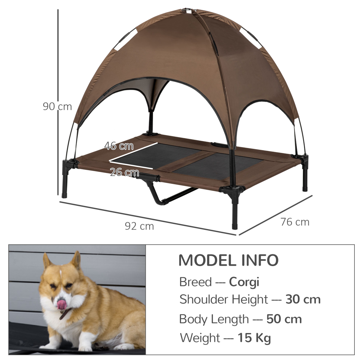 92 cm Elevated Pet Bed Dog Cot Tent with Canopy Instant Shelter Outdoor Coffee
