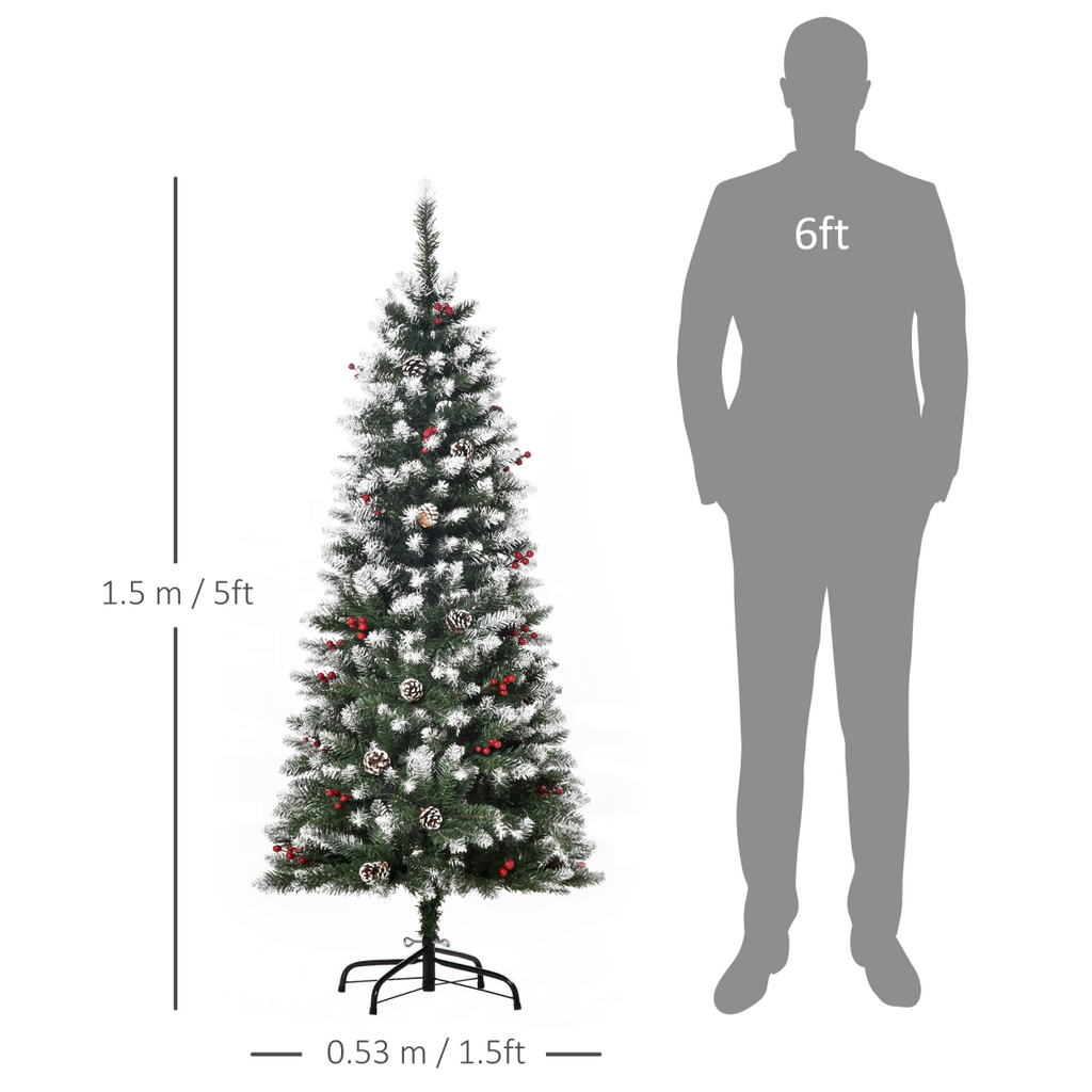 5FT Artificial Christmas Tree Pencil Tree Berries Pinecones Foldable Feet Green