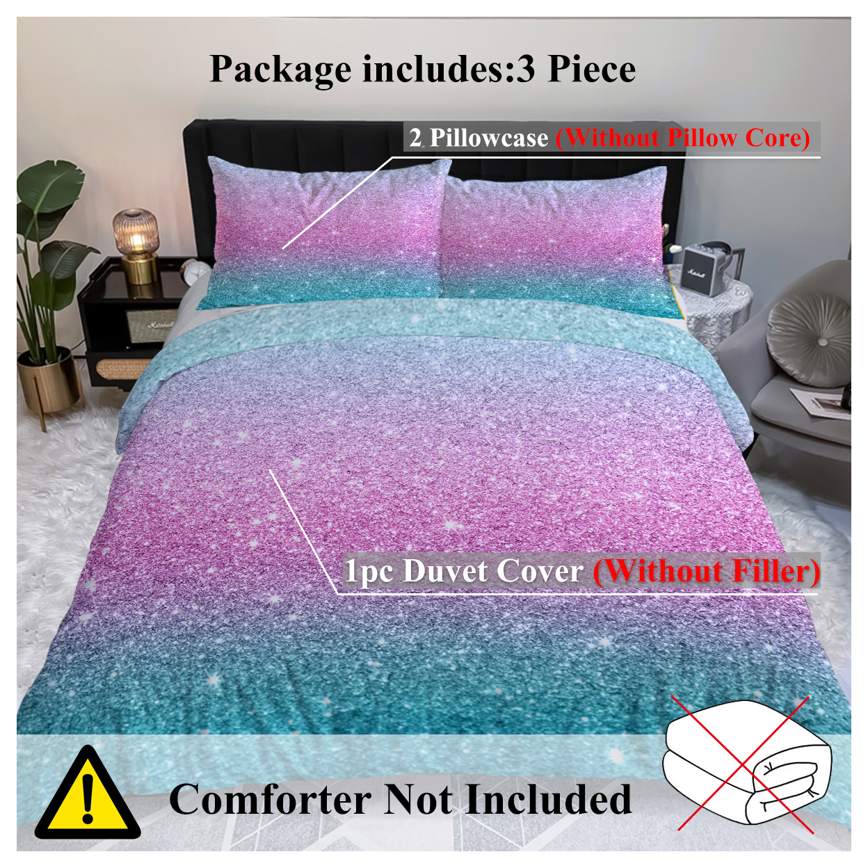 Girly Duvet Cover Rainbow Glitter Ombre Bedding Sets 3 Pcs Chic Unicorn Pink