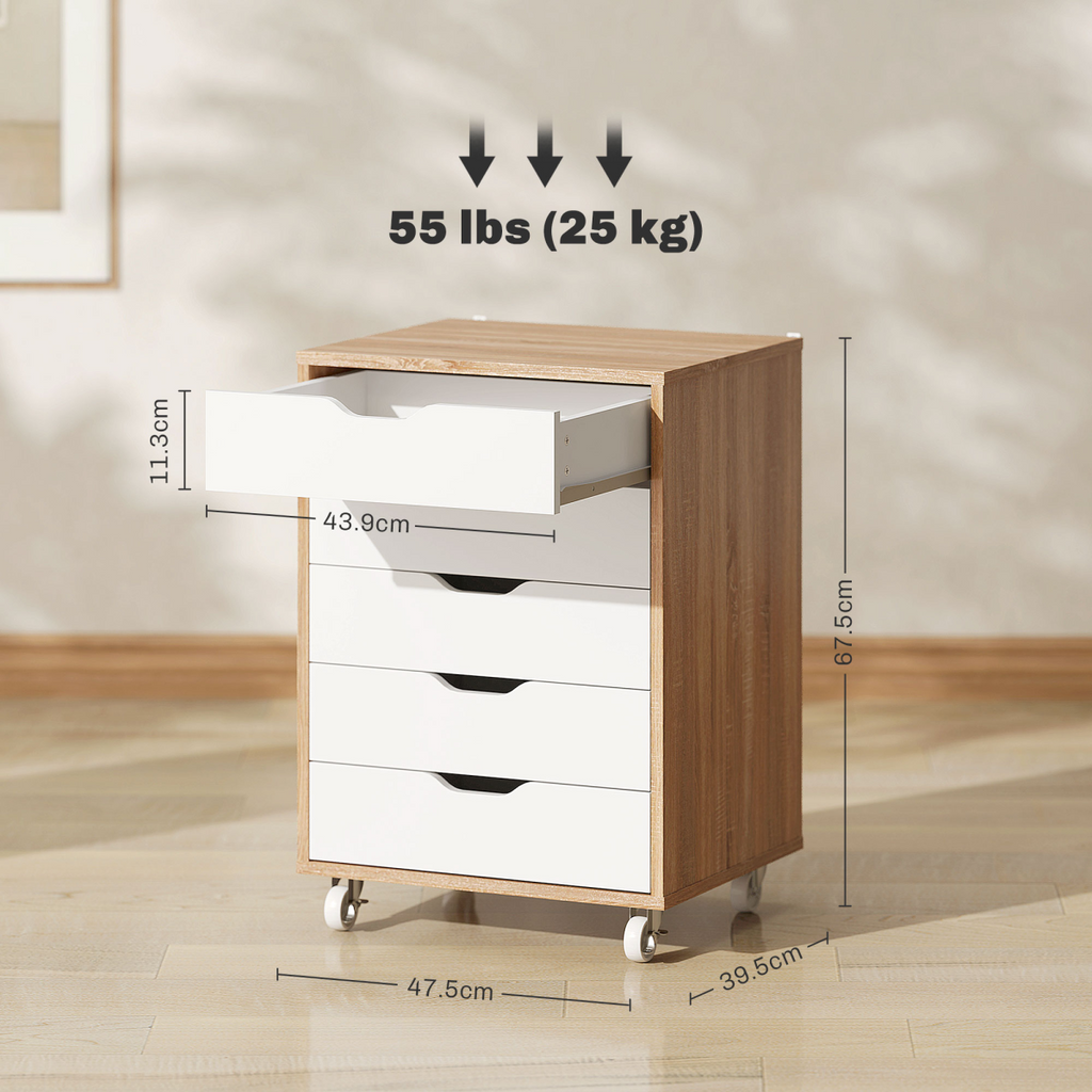 Vinsetto Mobile Filing Cabinet, 5-drawer File Cabinet with Wheels, Oak