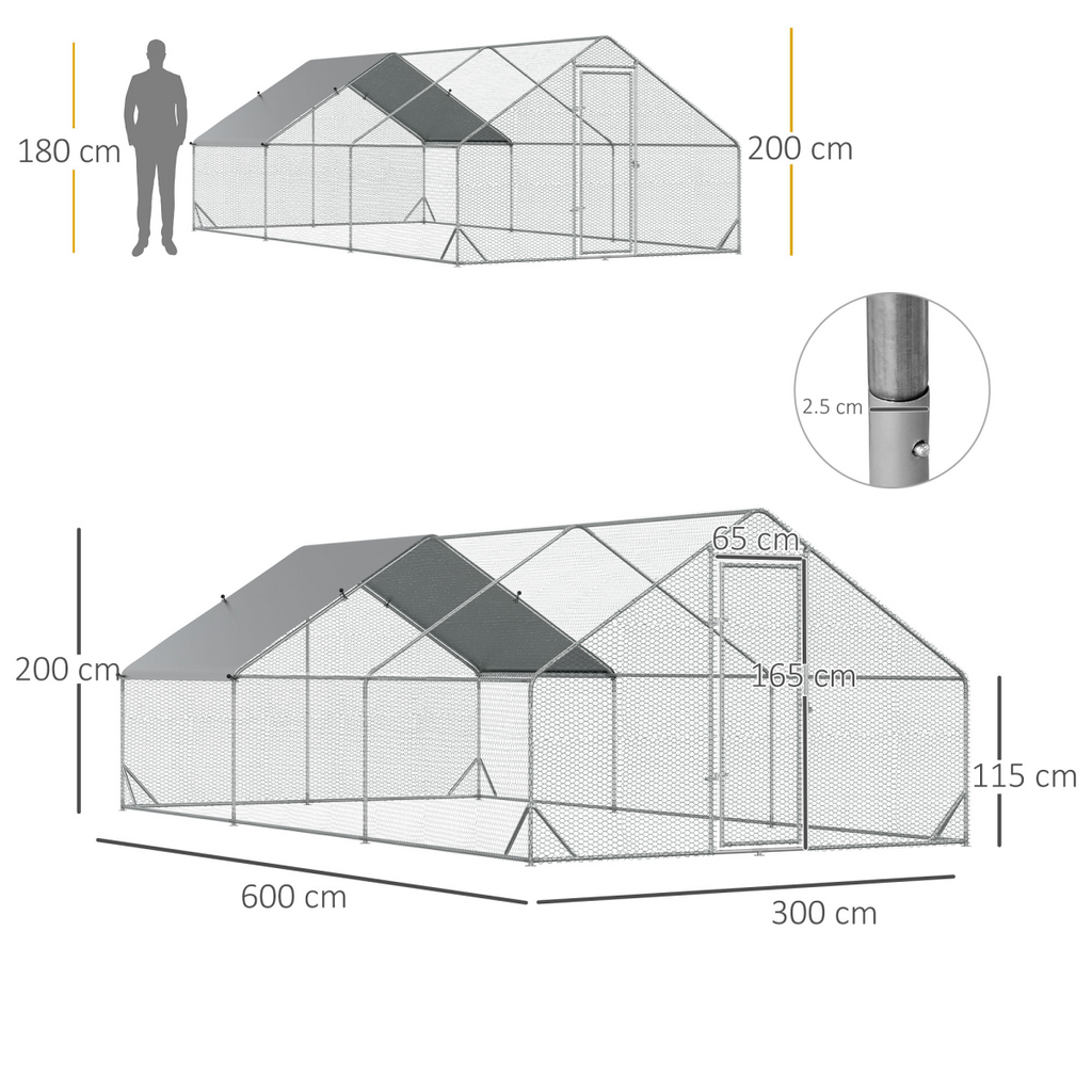 PawHut Walk In Chicken Run Large Galvanised Chicken Coop with Cover 6 x 3 x 2m