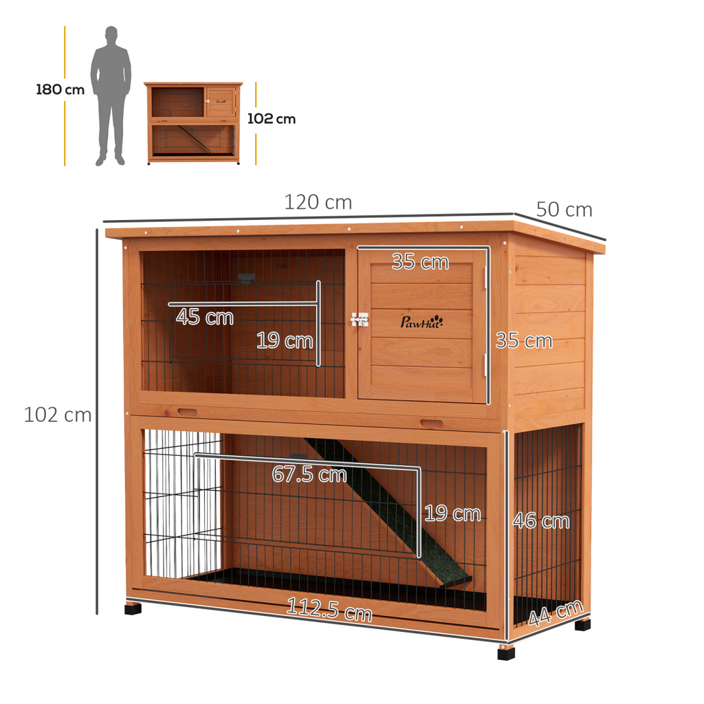 PawHut Wooden Rabbit Hutch Antiseptic Outdoor, for 1-2 Rabbits, Orange