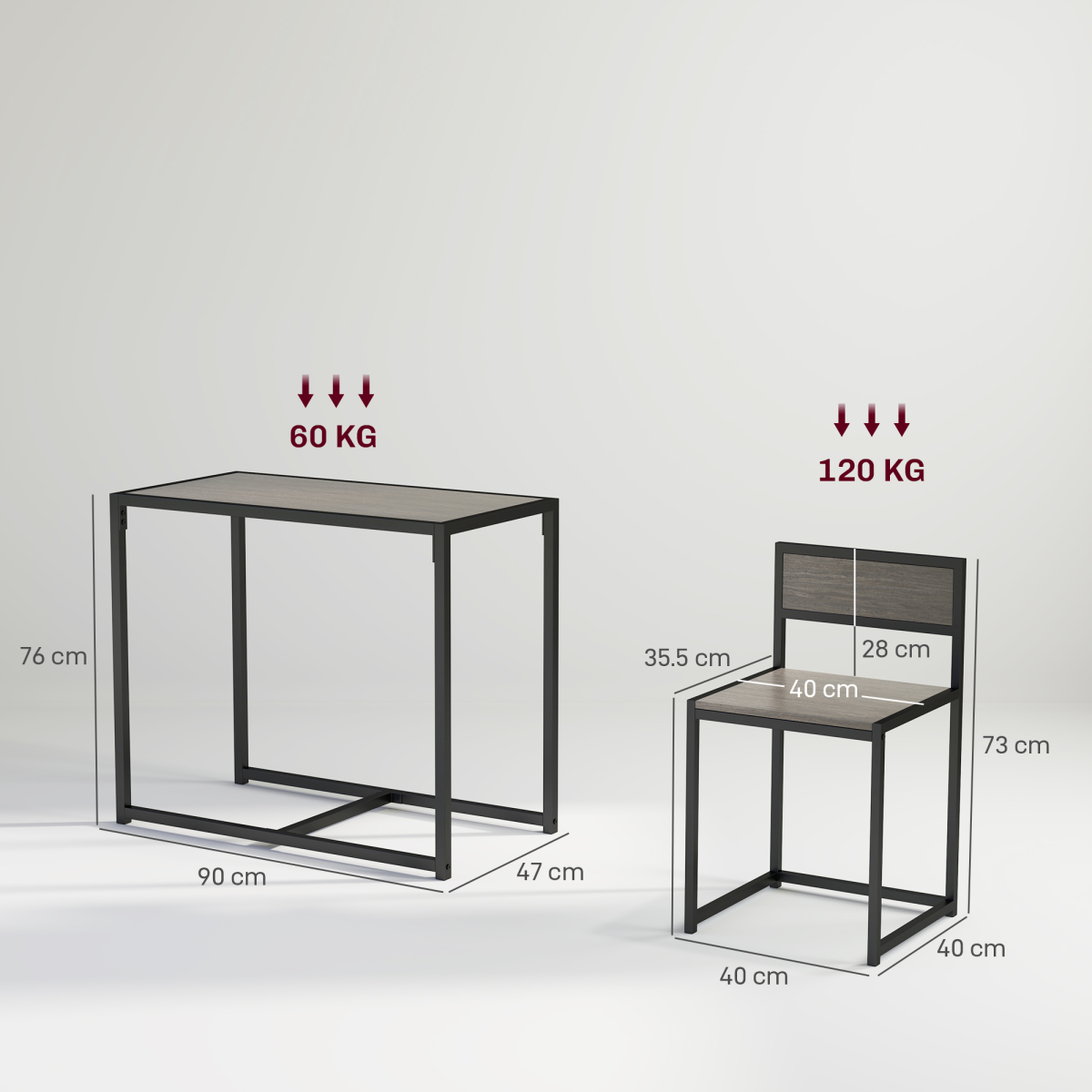 HOMCOM 3 Piece Dining Table Set with Metal Frame Grey Wood-Effect