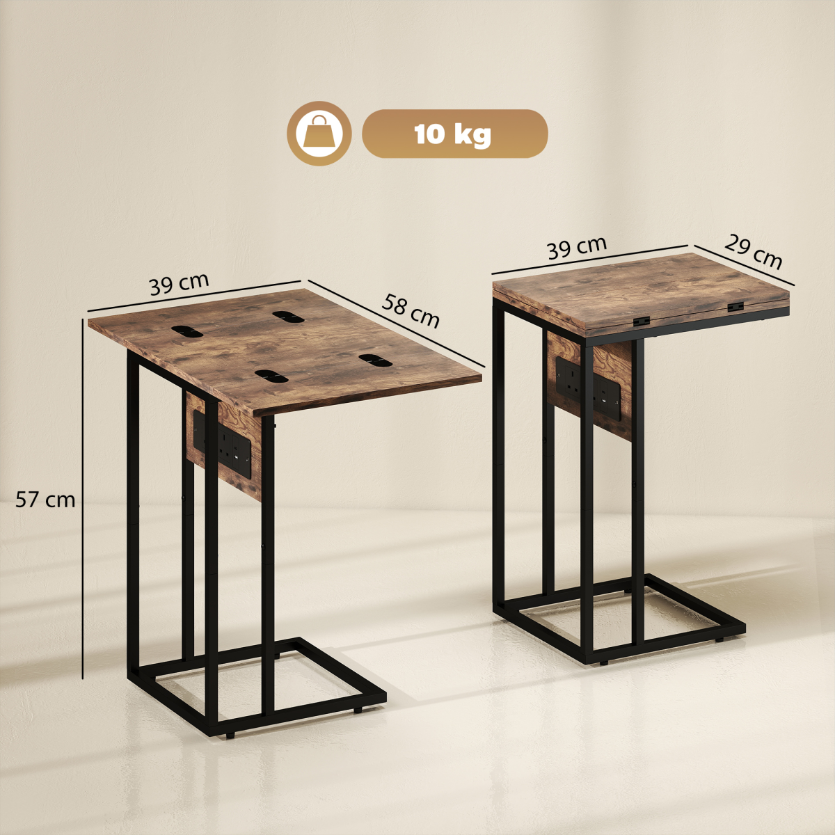 HOMCOM C Shaped Side Table with Charging Station and Foldable Top