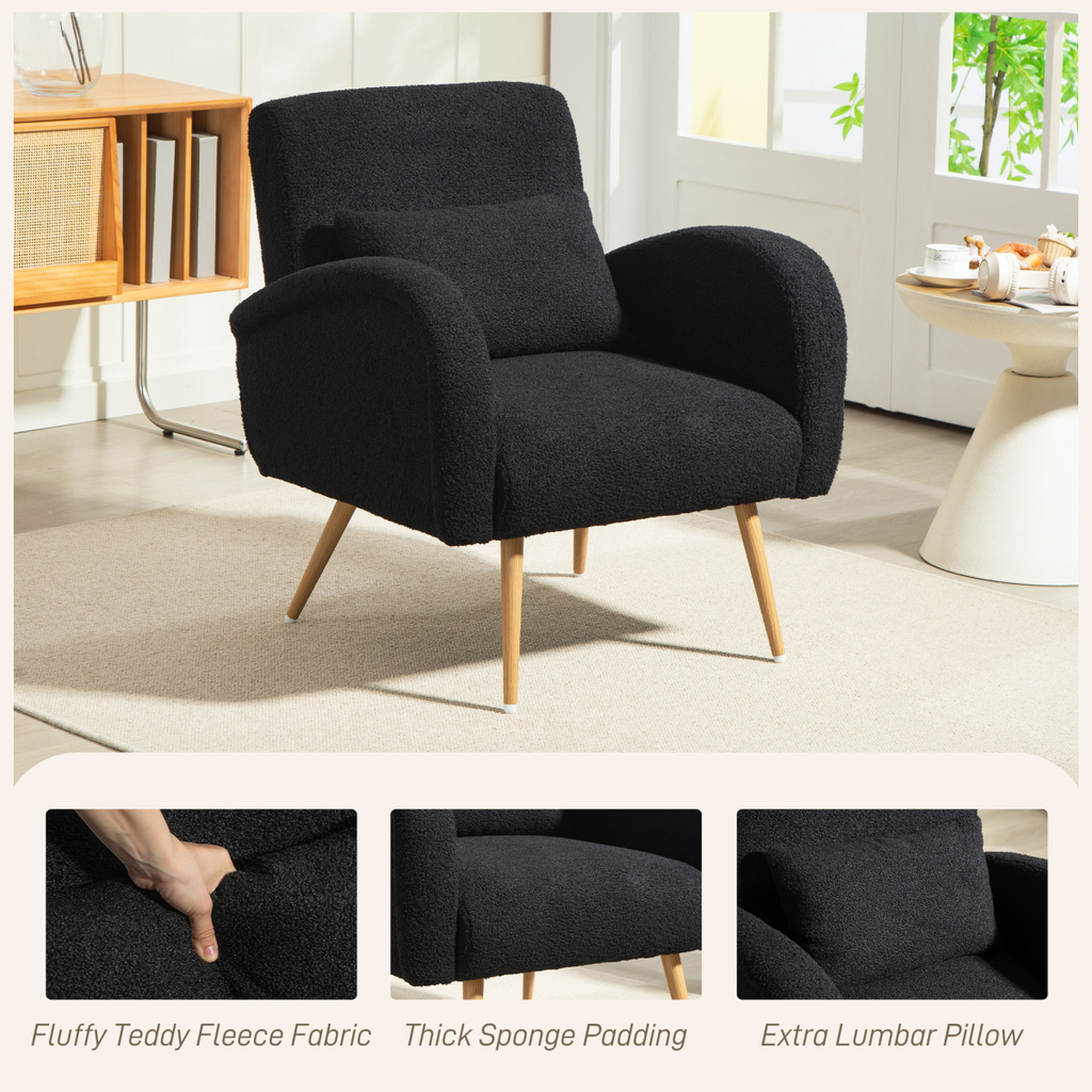 HOMCOM Teddy Fleece Upholstered Accent Chair with Metal Legs, Black