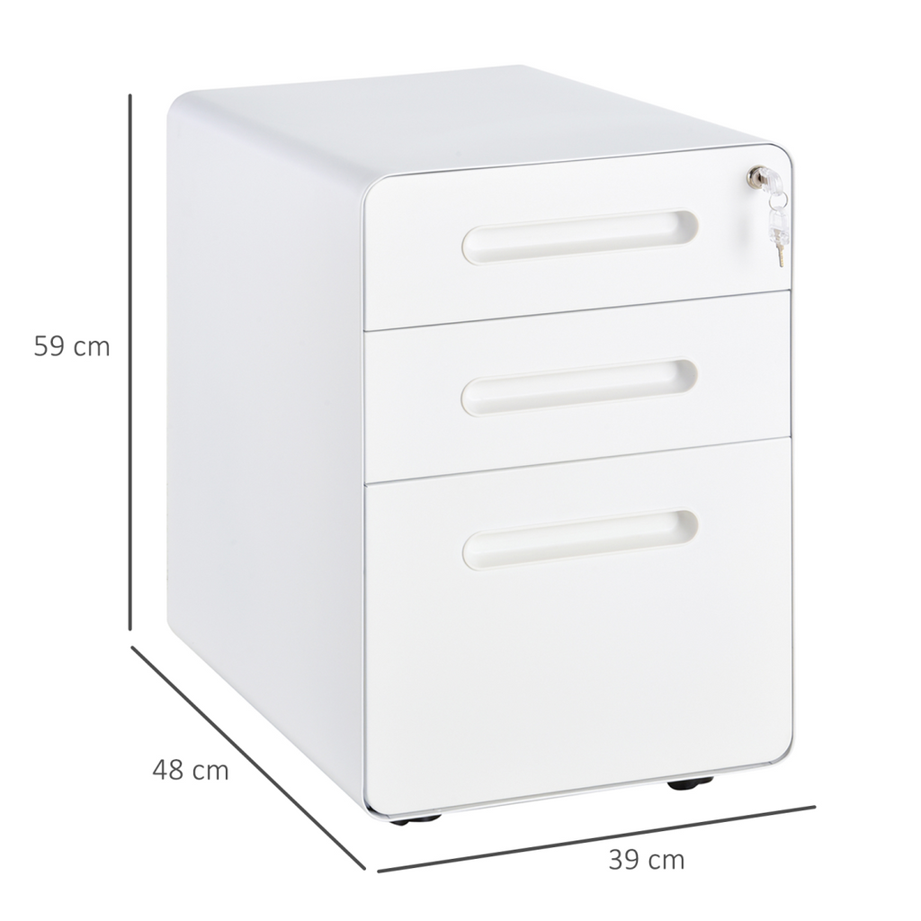 3 Draw Modern Steel Filing Cabinet w/ 4 Wheels Lock Pencil Box White Vinsetto