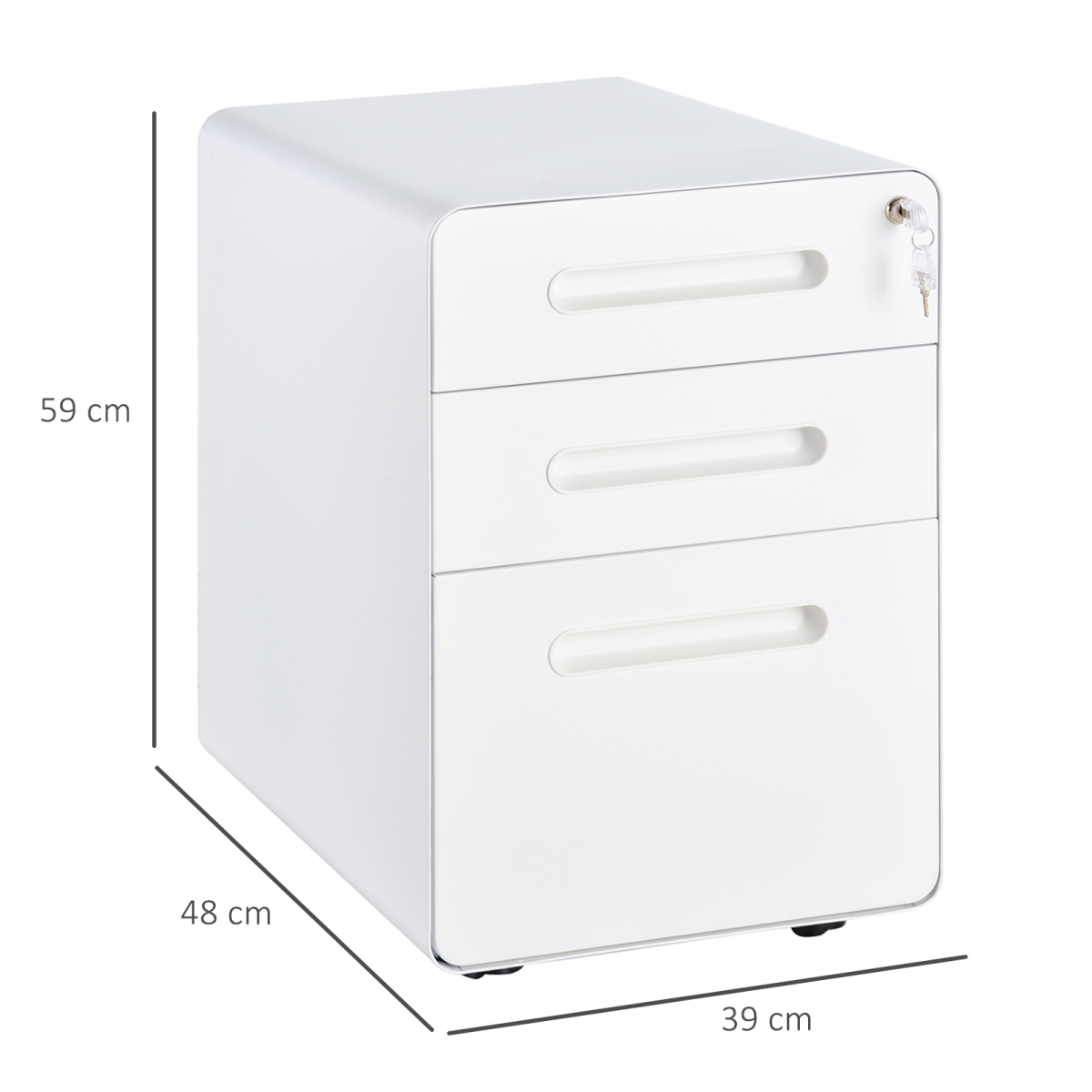 3 Draw Modern Steel Filing Cabinet w/ 4 Wheels Lock Pencil Box White Vinsetto