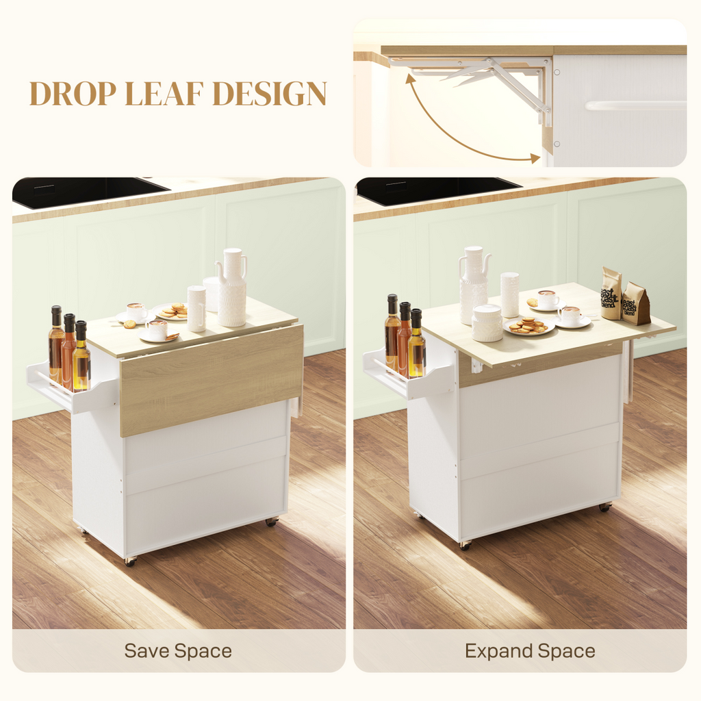 HOMCOM Kitchen Island with Drop Leaf, Rolling Kitchen Storage Trolley, White