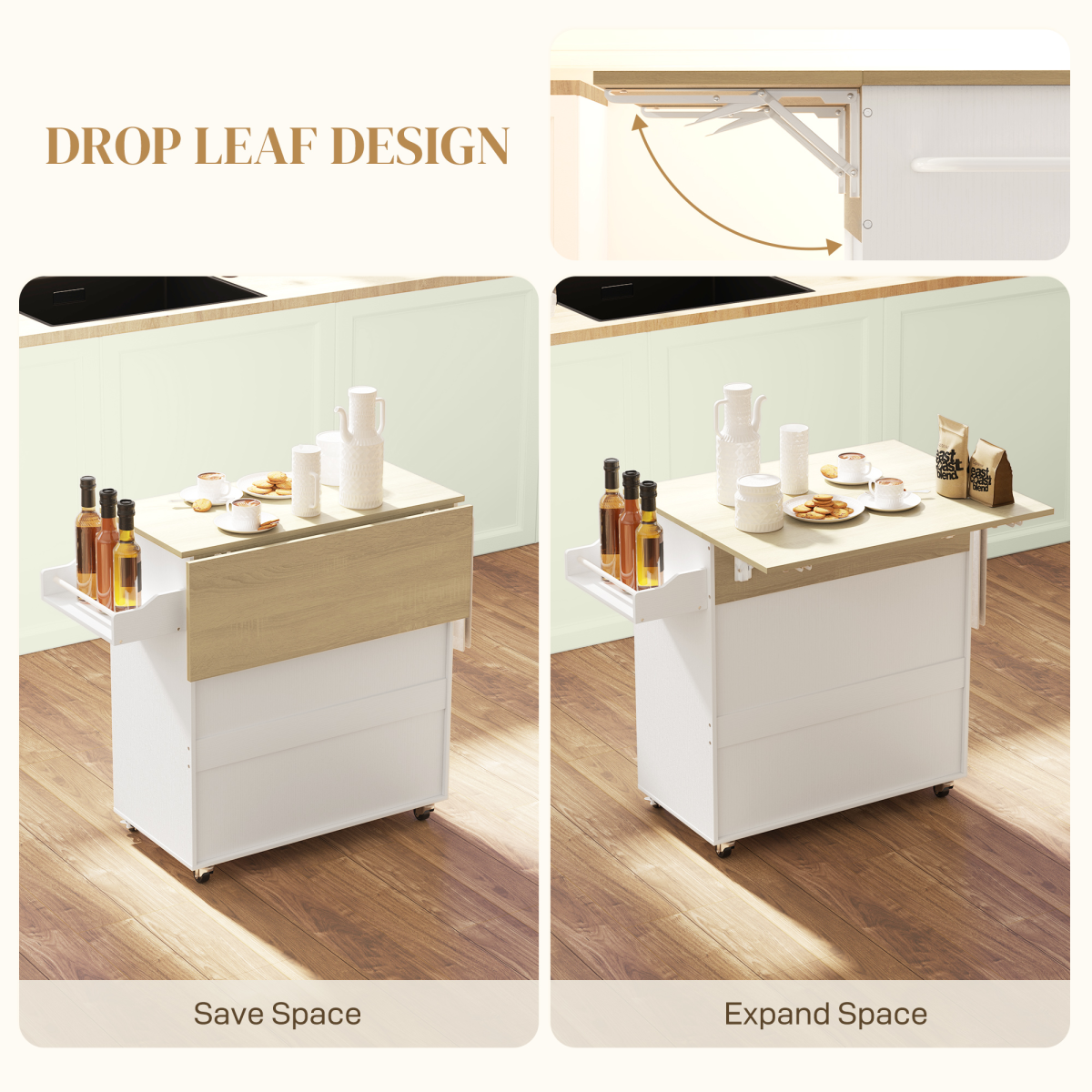 HOMCOM Kitchen Island with Drop Leaf, Rolling Kitchen Storage Trolley, White