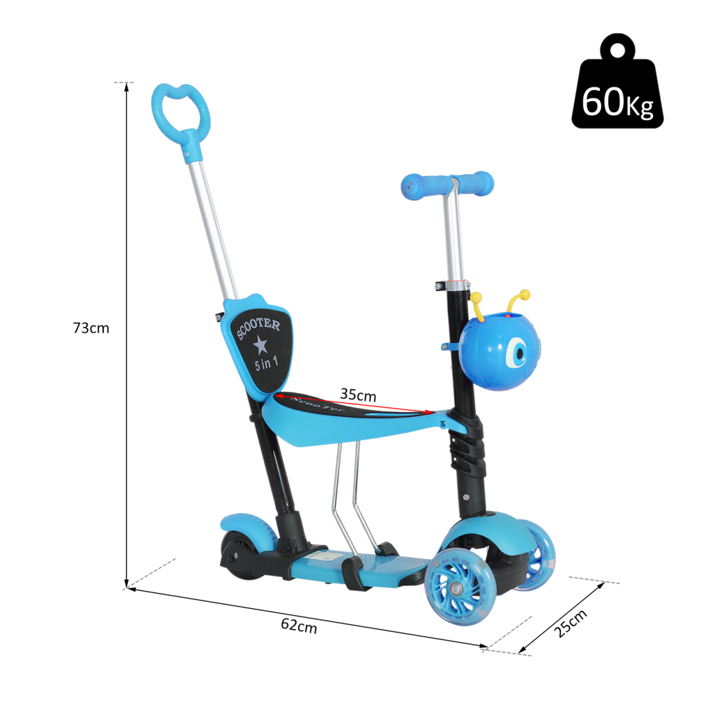 HOMCOM 5-in-1 Kids Kick Scooter 3-wheel Walker with Removable Seat Adjustable