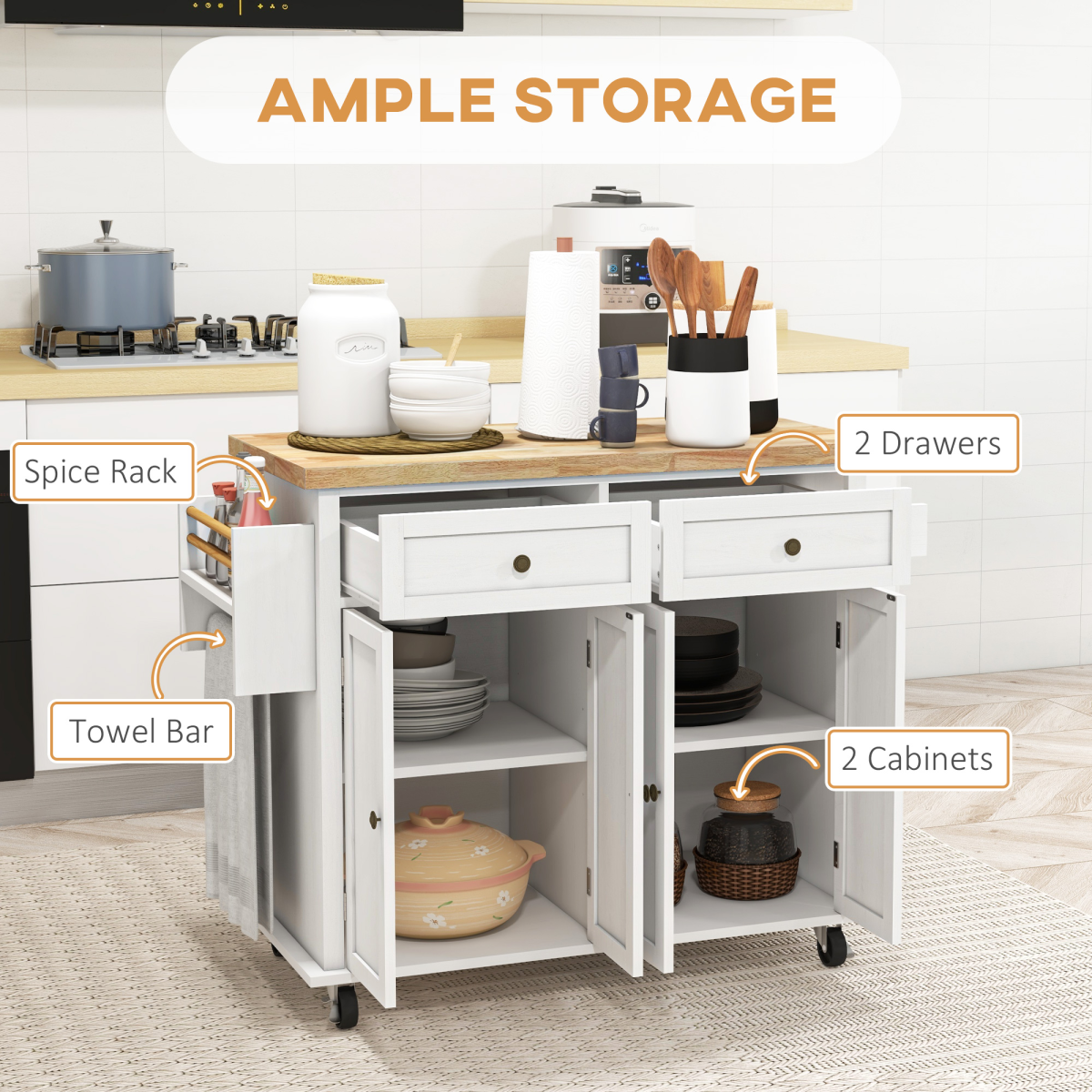 Distressed White Mobile Kitchen Island with Storage