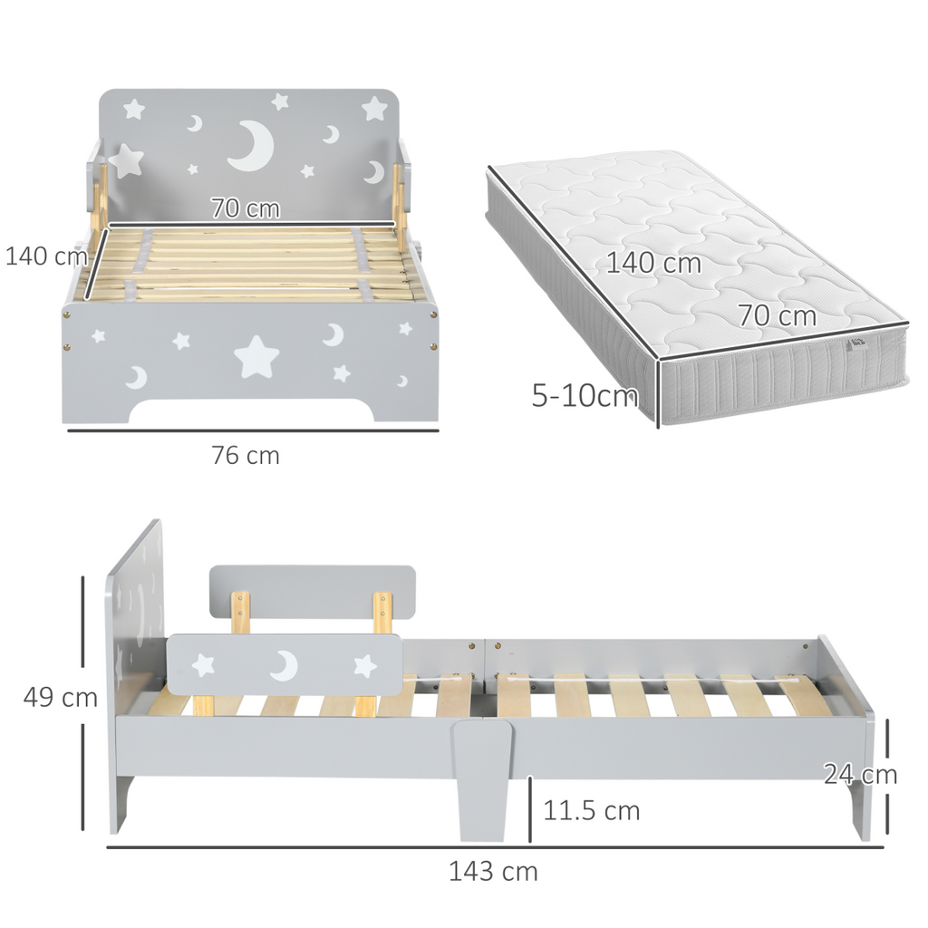 Kids Toddler Bed with Star and Moon Patterns, for Ages 3-6 Years - Grey
