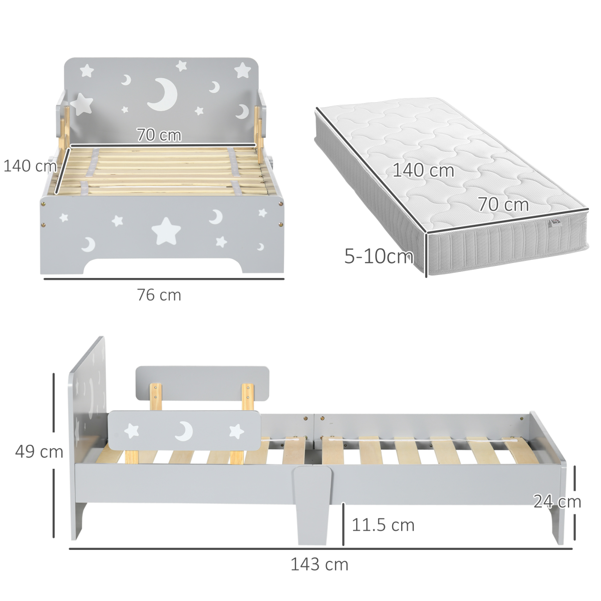 Kids Toddler Bed with Star and Moon Patterns, for Ages 3-6 Years - Grey