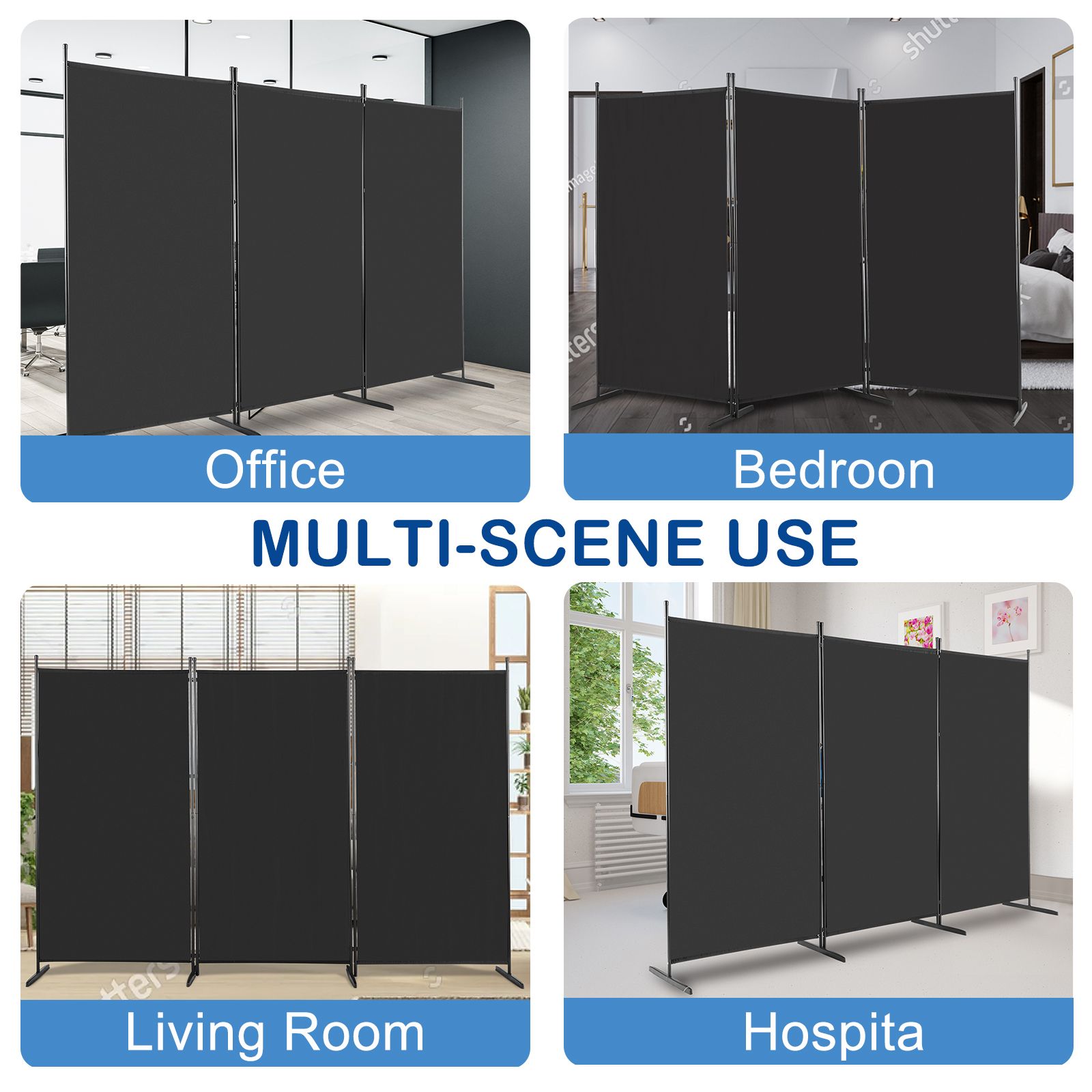 6FT Trifold 130g Polyester Fabric Plastic Foot Carbon Steel Frame Foldable Screen Black