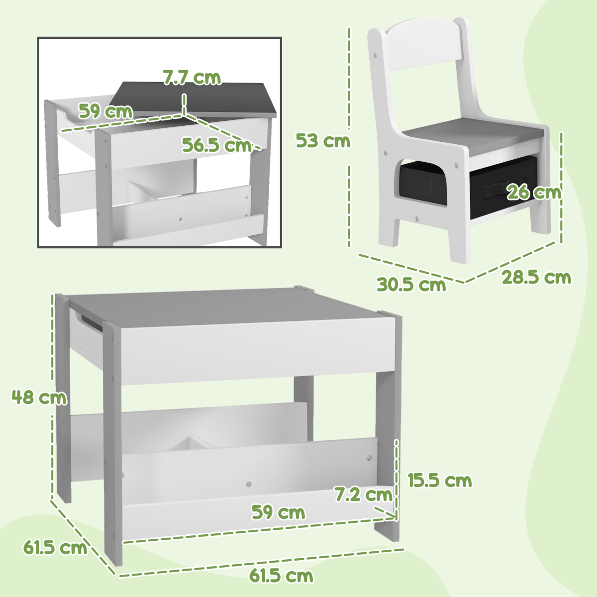 HOMCOM 3PCs Kids Table and Chair Set for Nursery, Playroom, Classroom, Grey