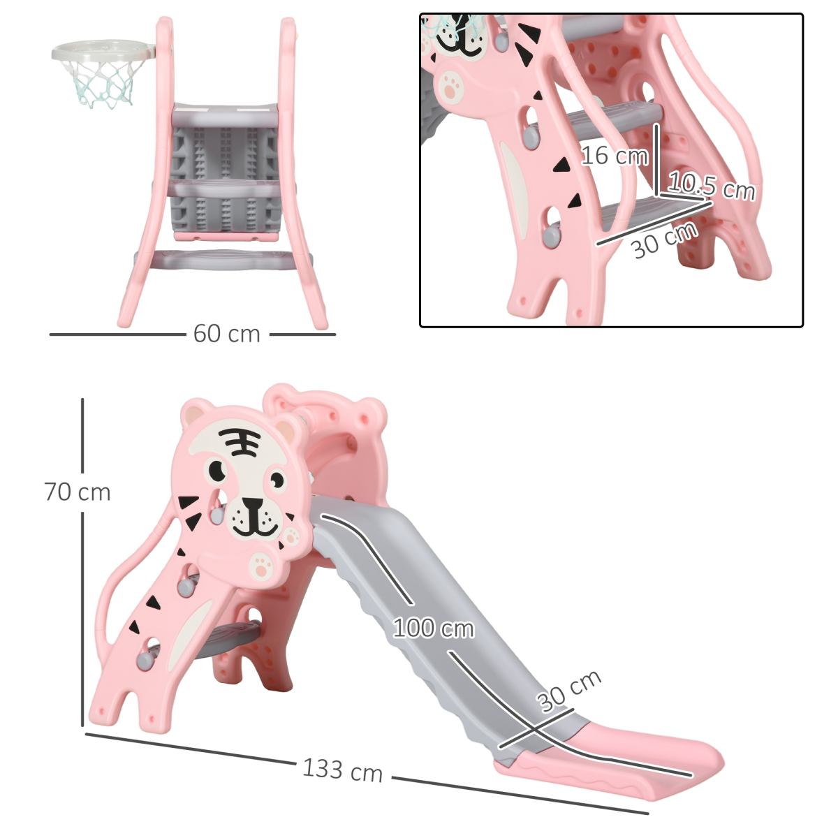 AIYAPLAY Kids Slide with Basketball Hoop, Basketball, for 18-36 Months, Pink