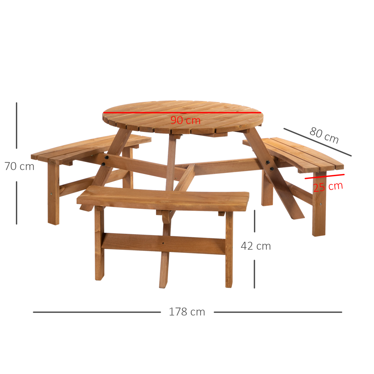 Outsunny Round Table with 3 Attached Benches-Fir Wood