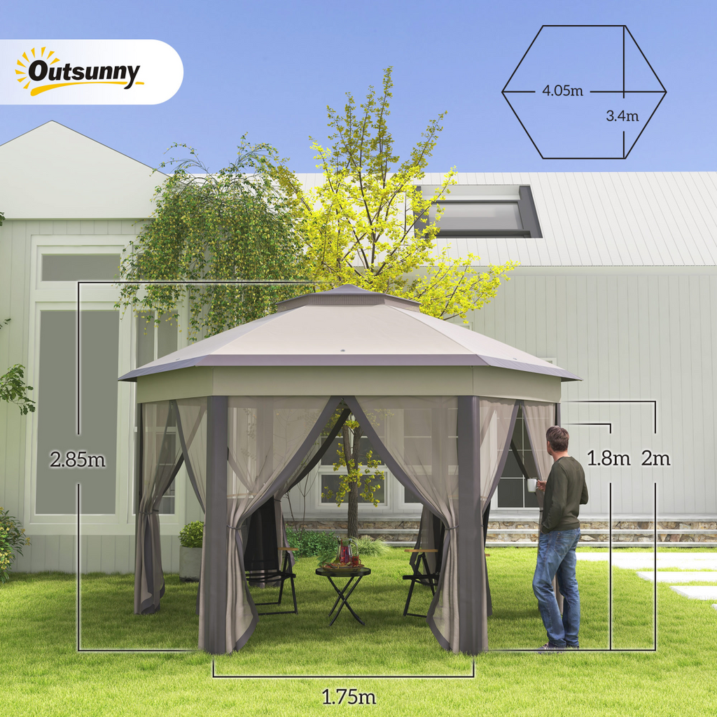 4.05m x 4.05m Metal Frame Mesh Draped 2-Tier Roof Gazebo Brown