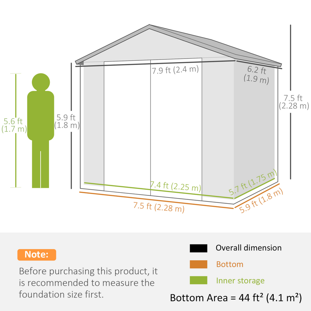 Outsunny 8 x 6ft Garden Shed Storage w/ Foundation Kit, Vents, Light Grey