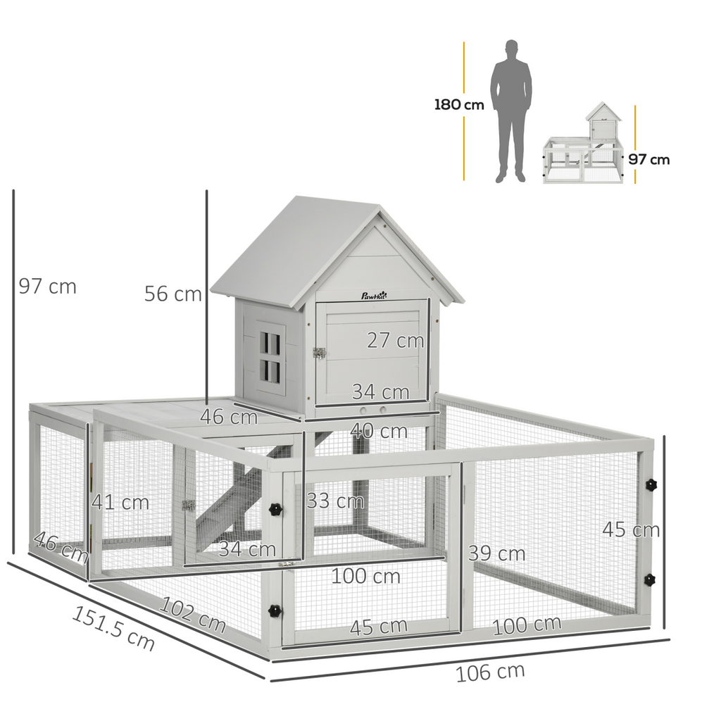 PawHut Rabbit Hutch Guinea Pig Cage w/ Slide-Out Tray, Fenced Area